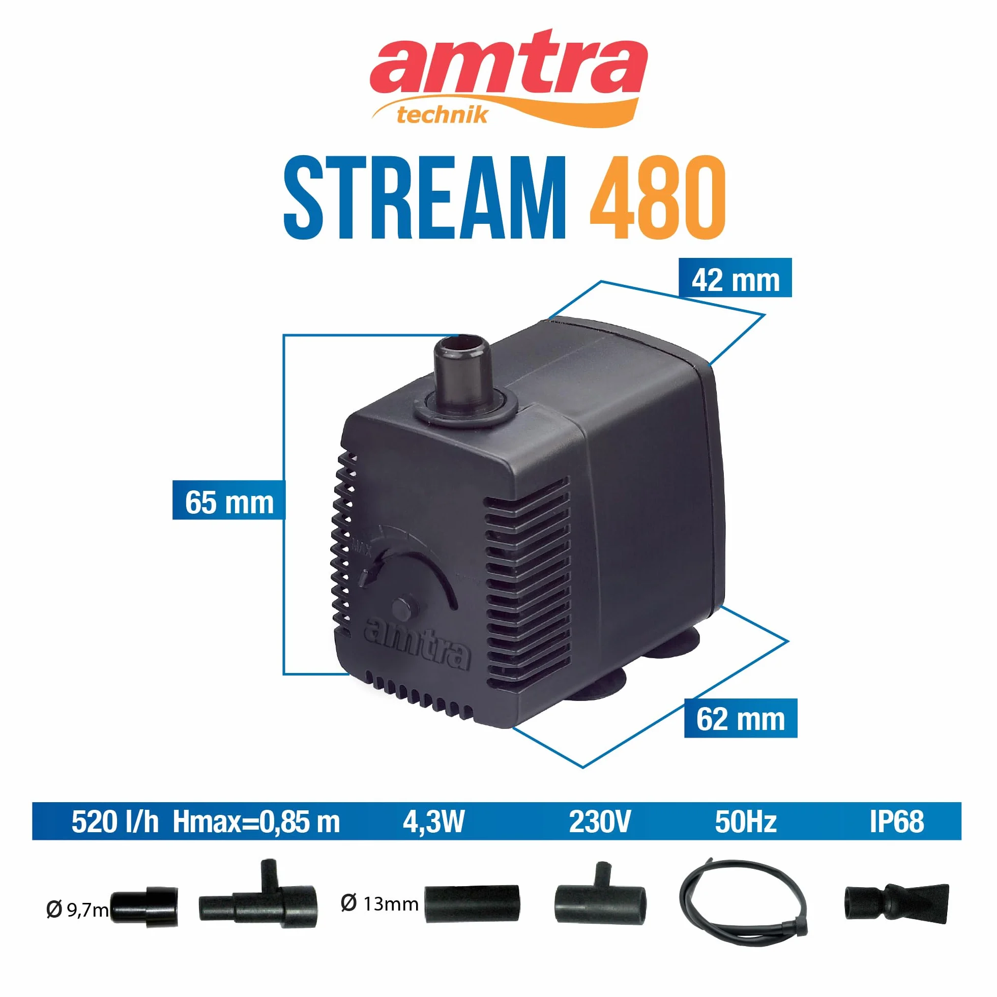 Amtra Stream 480 Pompa per Acquario ad Immersione 480 lt/h 4,3W 230V