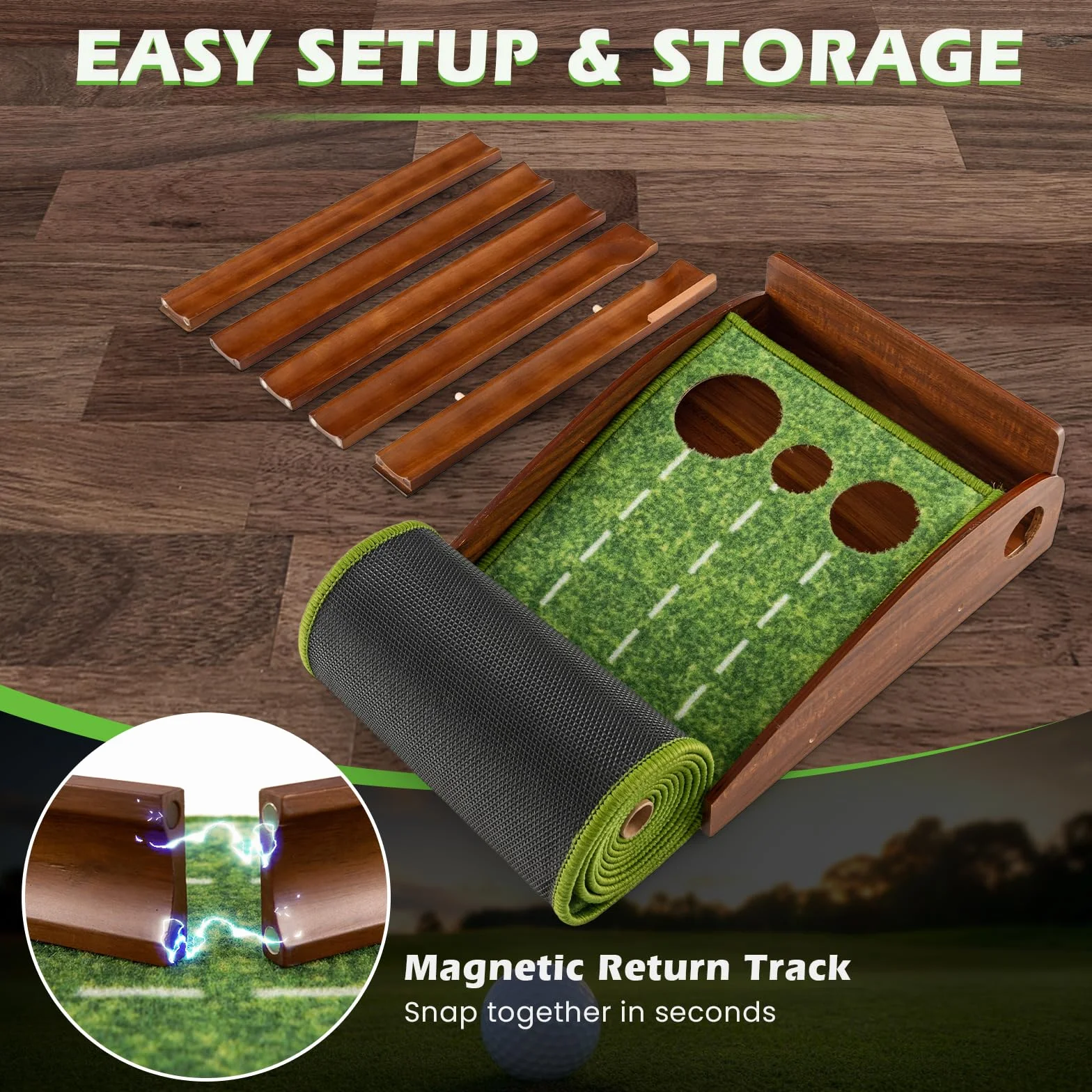 LIFEZEAL Tappetino Golf Allenamento con Buche per Interni, Tappeto Portatile con Ritorno Automatico, Base per Golf, Pad con 3 Panlline per Golf, Tappetino di Appoggio per Esterni (3 buche)