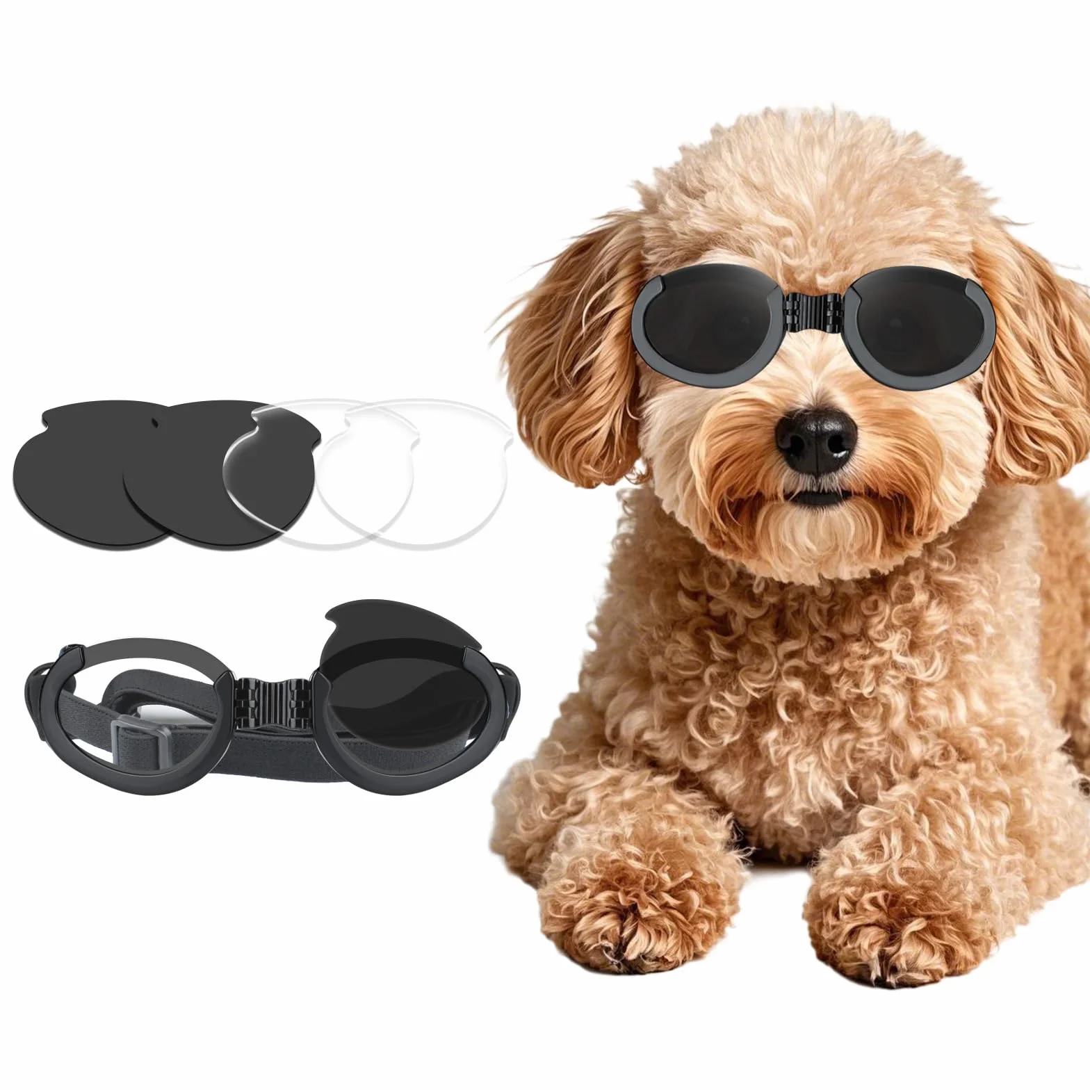Namsan Occhiali per Cani Occhiali da Moto per Cani Occhiali da Sole per Cani con Lenti Sostituibili (Nero + Chiaro) Occhiali Protettivi per gli Occhi per Cani