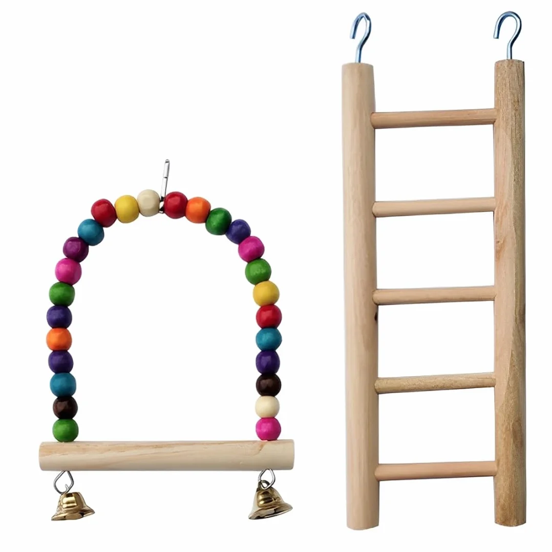 GXGM 2 Pezzi Set Giocattolo per Uccelli Gabbia Altalena Trespolo Ponte Arcobaleno per Pappagalli