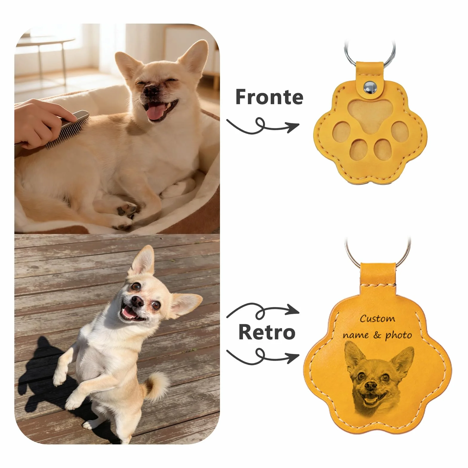 Portachiavi Personalizzato per Cani o Gatti con Foto e Nome, Accessorio in Pelle Inciso, Regalo per Amanti Animali