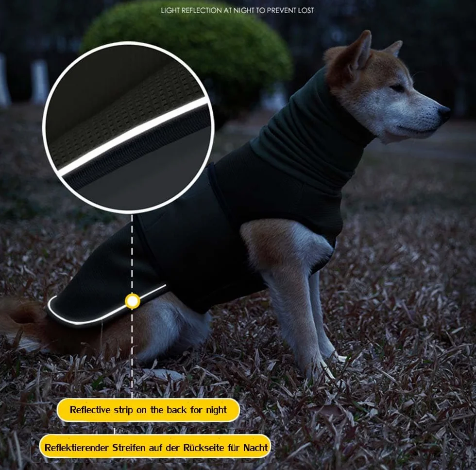 Cappotto calmante per cani con strisce riflettenti, protezioni orecchie, dolcevita ansia, per fuochi d'artificio e viaggi
