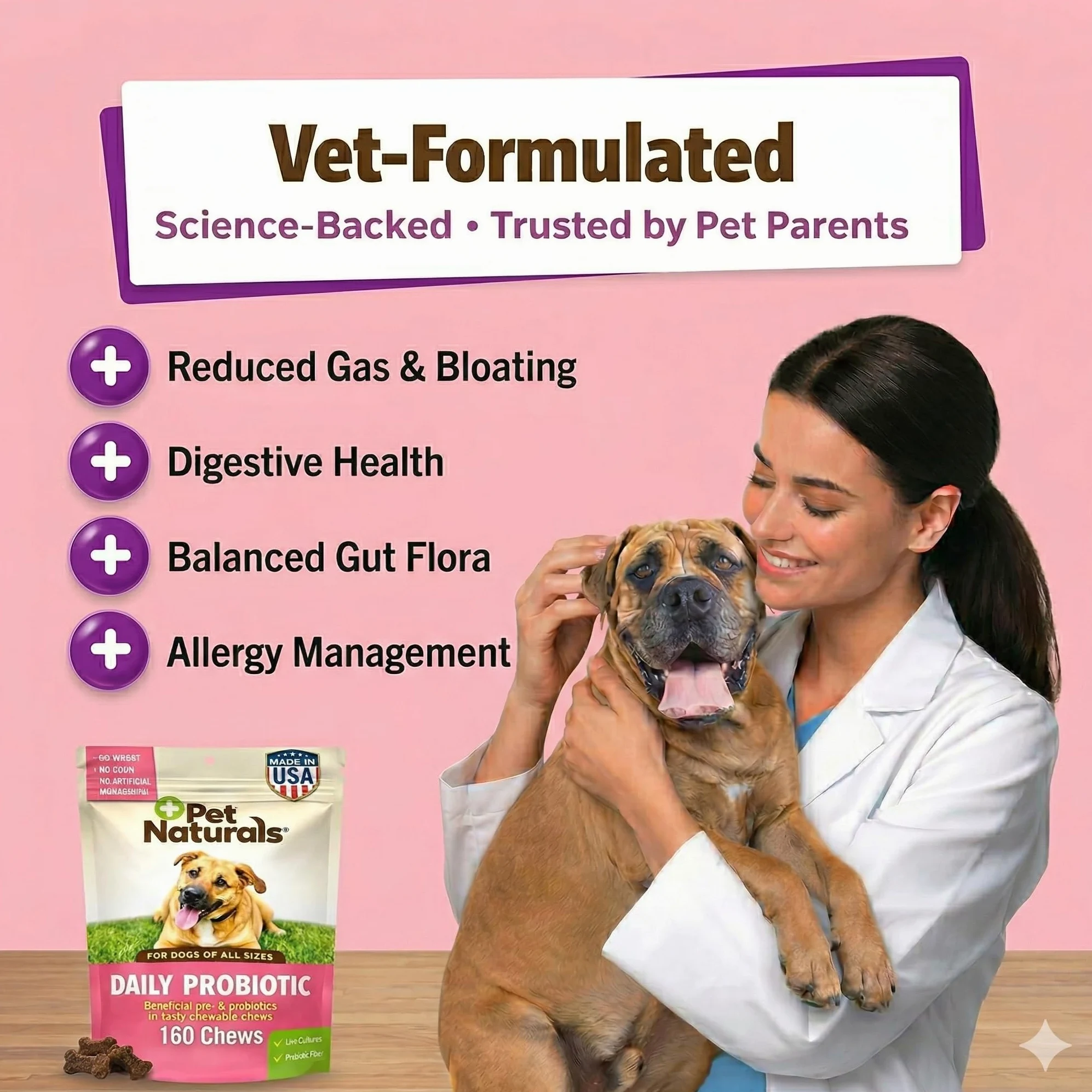 Pet Naturals Probiotico Giornaliero per Cani, Sapore di Anatra, 160 masticazioni - 120M CFUs Pre e probiotici per Cani Salute digestiva, Salute intestinale, Supporto immunitario, diarrea, allergie e