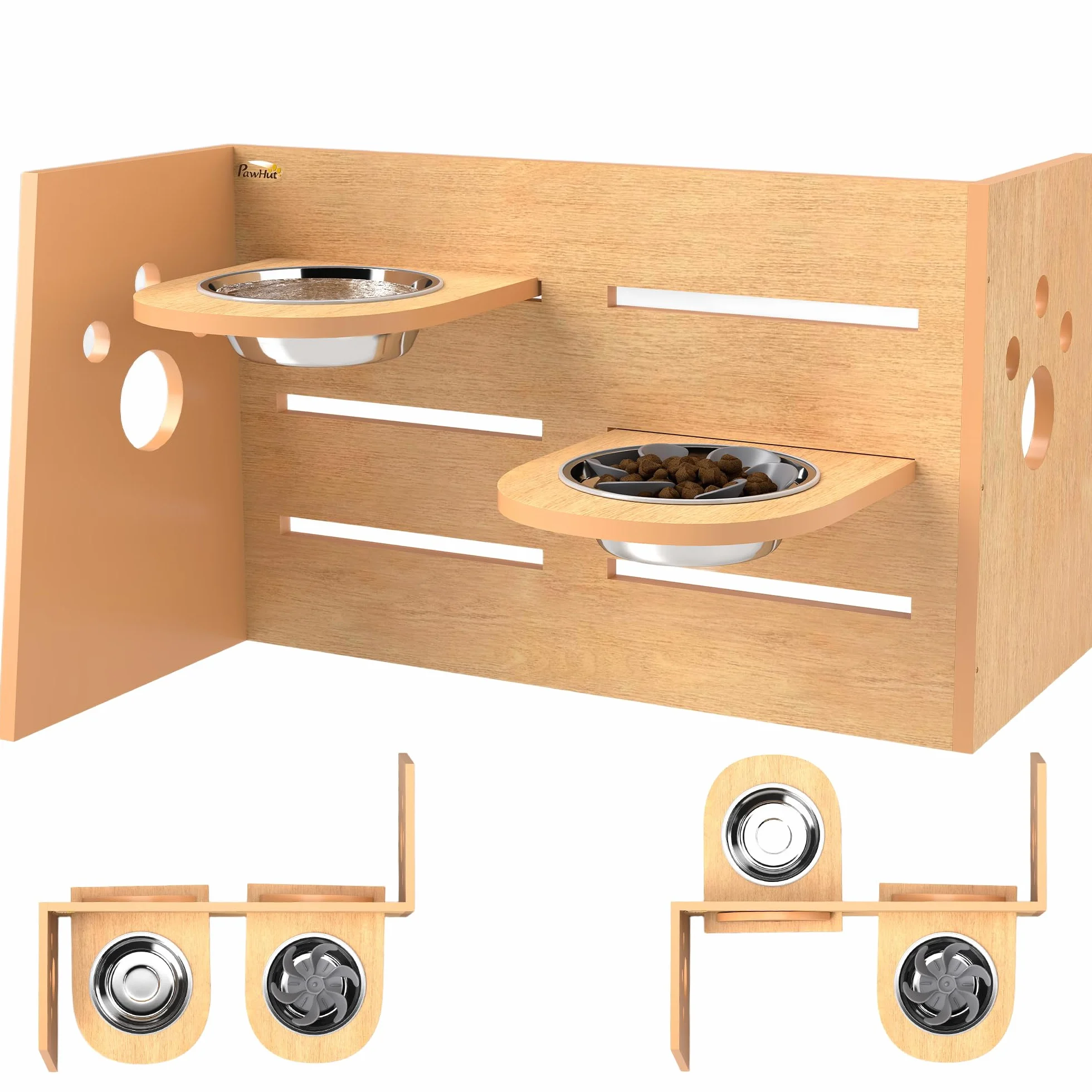 PawHut Ciotola per Cani rialzata di 3 Altezze Regolabili, Ciotola per Cani con 2 Ciotole in Acciaio Inox, Tappetino per Alimentazione Lento, Design Separato, per Cani Piccoli, Medi e Grandi, Rovere