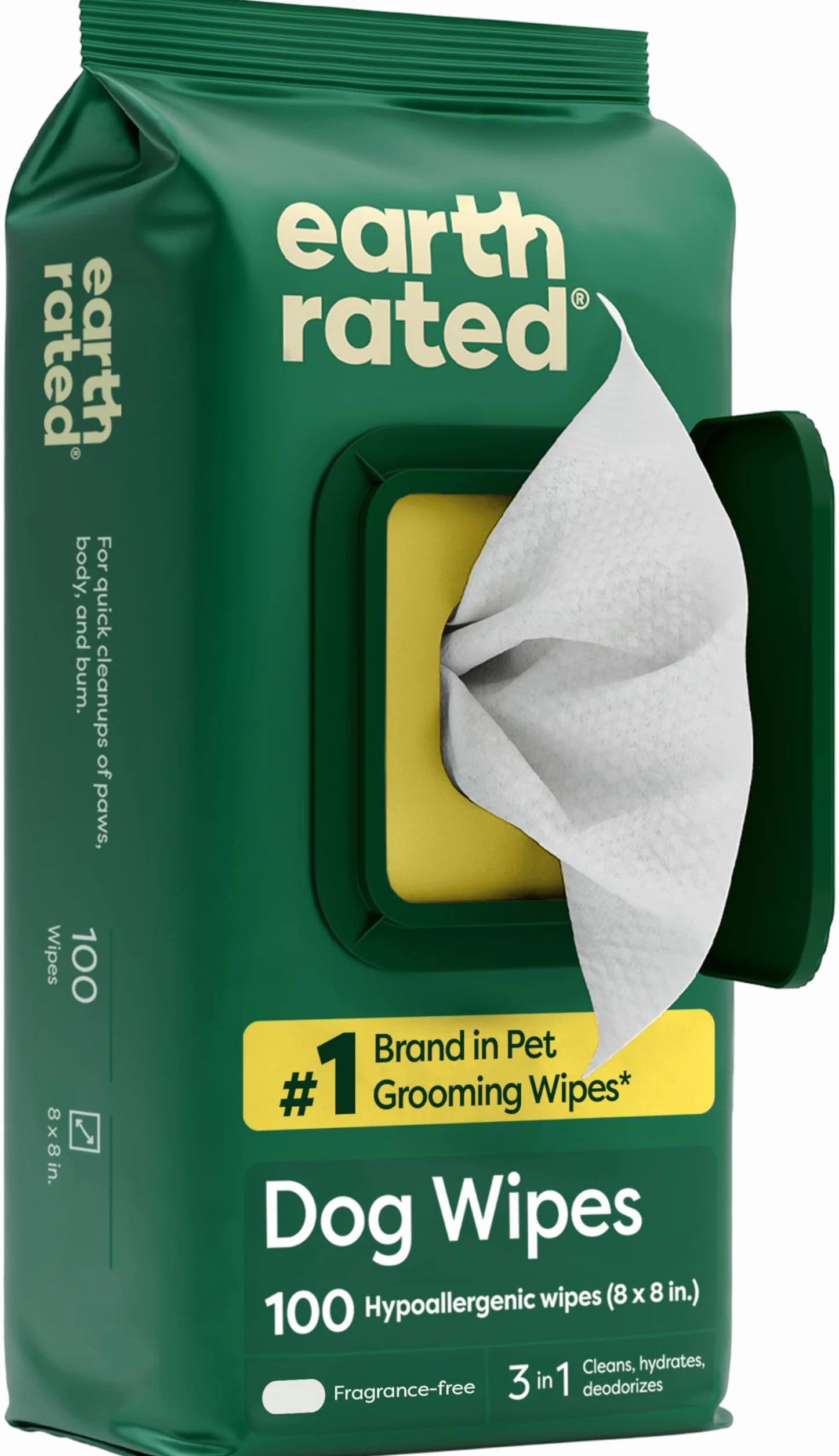 Earth Rated Salviette ipoallergeniche per Cani, puliscono ed eliminano Gli odori da Zampe, Corpo e Sedere, Senza Profumo, 100 Pezzi