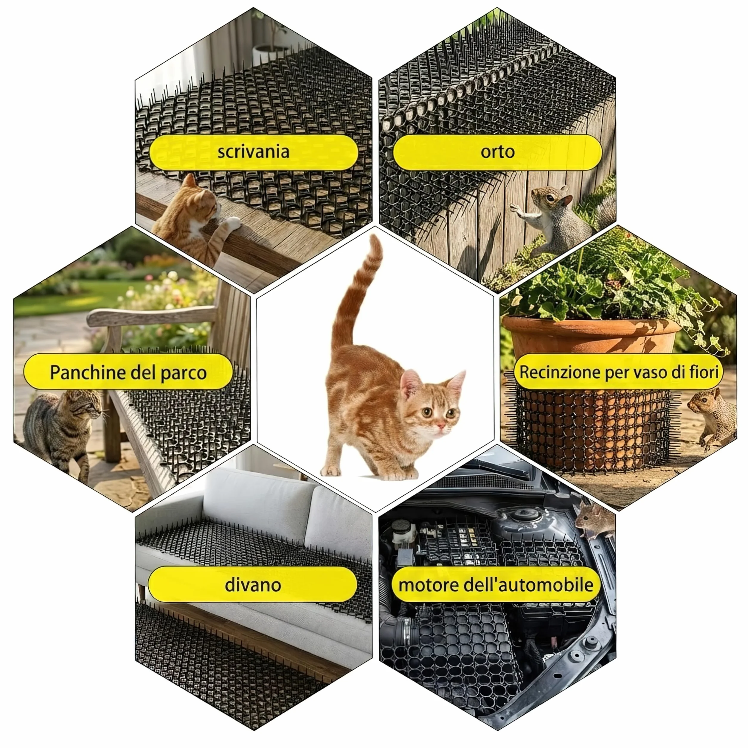 Tappetini Dissuasori per Gatti (Set da 6, 20x15cm) - Repellente con 8 Picchetti di Fissaggio - Griglia con Punte per Giardino, Divano - Barriera Interno/Esterno