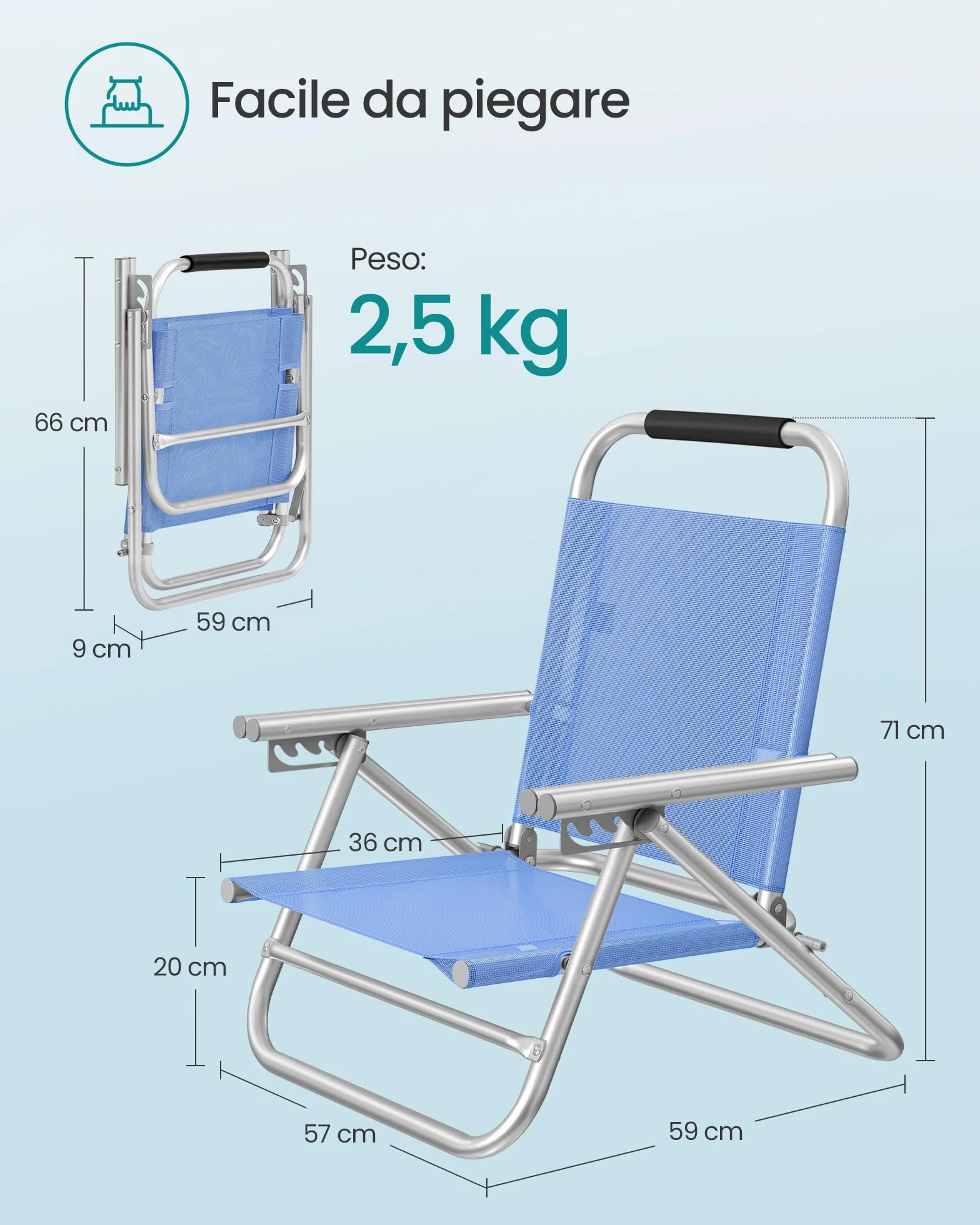 SONGMICS Sedia da Spiaggia Pieghevole Portatile Schienale Regolabile 4 Angoli Braccioli Traspirante Blu GCB65BU