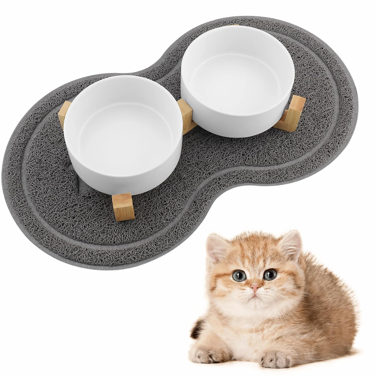 Ciotole per Gatti, Ciotola Ceramica Gatto con Staffa 400ML, Distributore per cibo con 2 Ciotole, Adatto a Gatti di Tutte le Dimensioni e Cuccioli (Bianco)