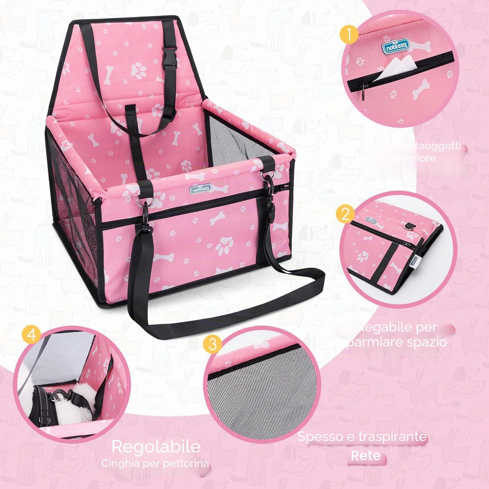 Nobleza Seggiolino Auto per Cani Piccola Taglia e Gatti, Trasportino Cane Auto, Impermeabile, Pieghevole, Rete Traspirante, 40x34x25cm, Rosa