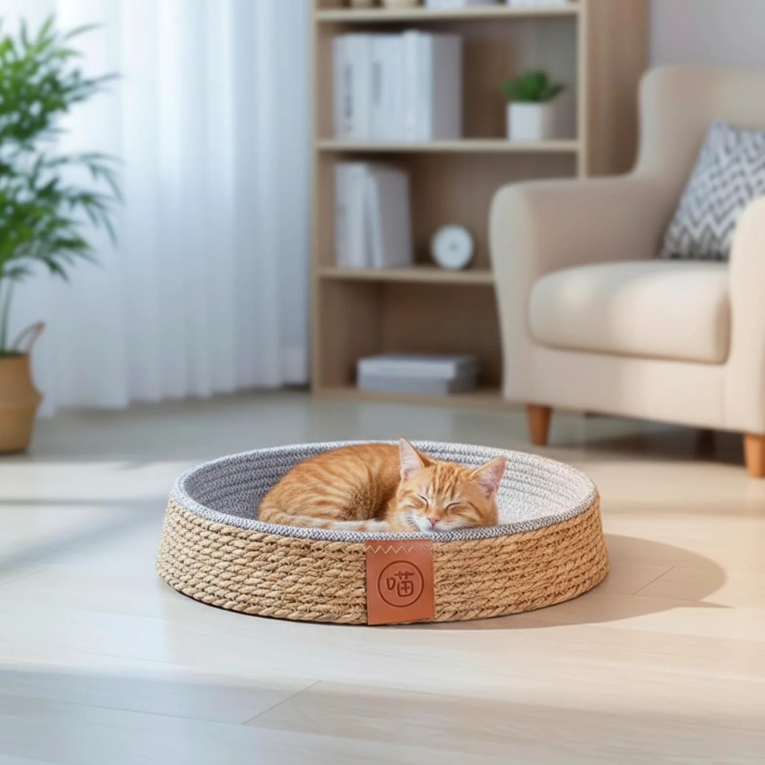 Colcolo Cuccia per Animali Domestici Letto Tondo Cestino Basso Nido Accogliente con Bordo Contenitivo E Etichetta Frontale Decorativa in Giunco E Cotone Adatta a Soggiorno, 40 Cm