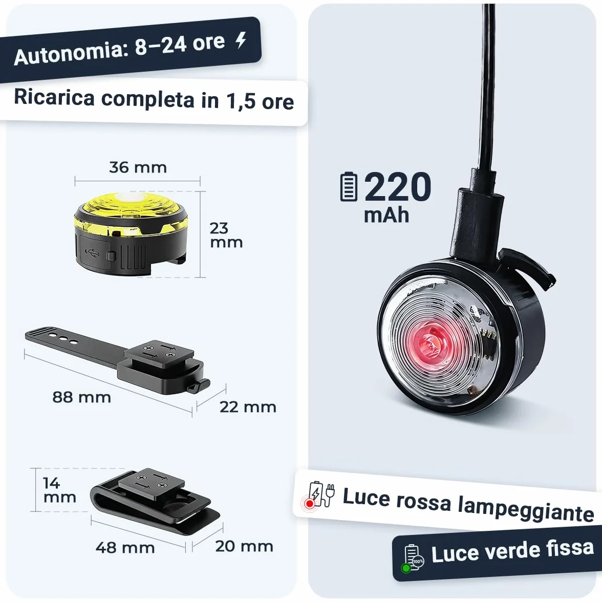 PAJ LIGHT MINI - LED Ultraluminoso per Collari e Pettorine - Cani Piccoli, Medi e Gatti - Regolazione Flessibile - 100% Impermeabile - 7 Colori - Sicurezza e Visibilità Notturna