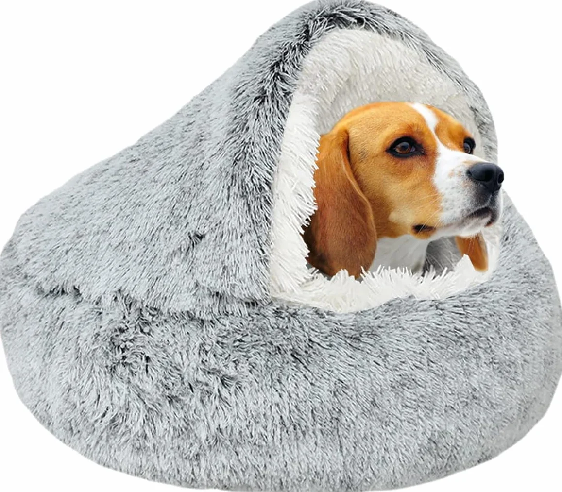 SUOXU Cuscino calmante per cani, a forma di ciambella, per accoccolarsi, caldo e morbido, con fondo antiscivolo in schiuma, per interni, per cani di taglia piccola e media (65 cm, grigio)…