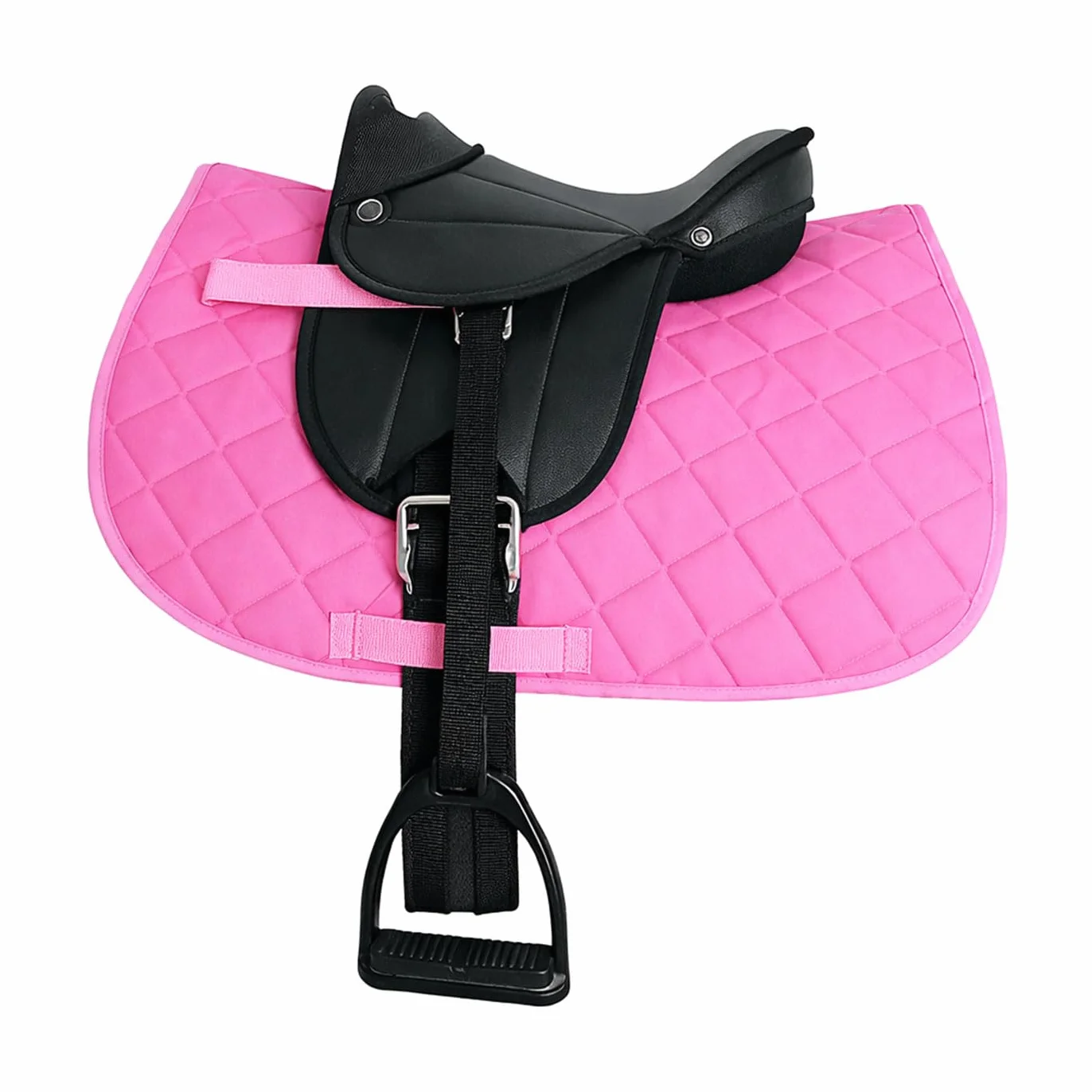 Brama West Set di sella per cavalli in legno "My Happy Pony", sella per Shetty Pony, cavallo in legno, con copertura per sella, cinghia per sella, staffe e staffe, bicolore rosa, coperta/sella nera