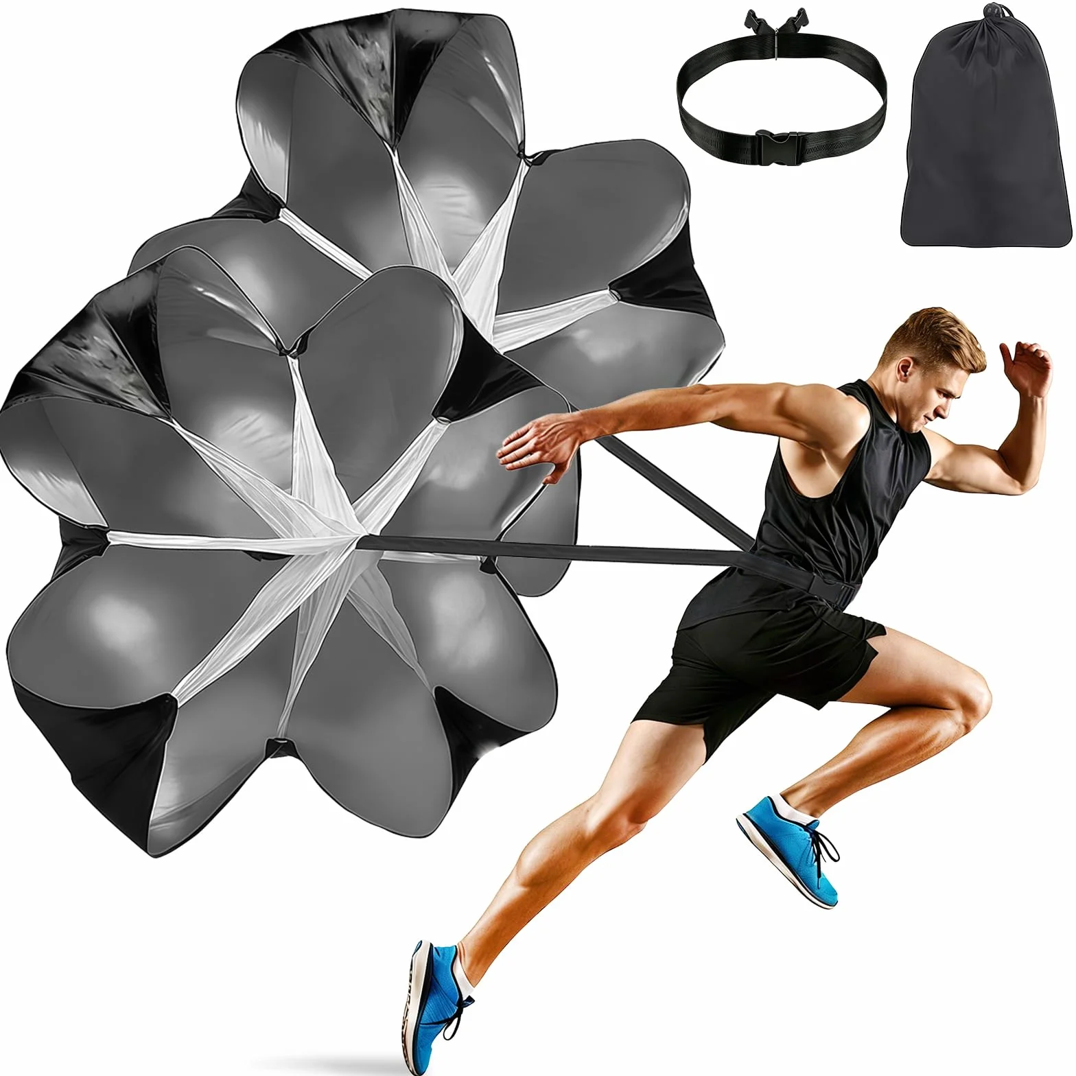 2 Pezzi Paracadute da Corsa, Neri Paracadute di Resistenza, Paracadute Sportivo con Cinghia Regolabile, Paracadute Sprint, Paracadute Corsa Allenamento per Sprint, Rugby, Calcio, Baseball