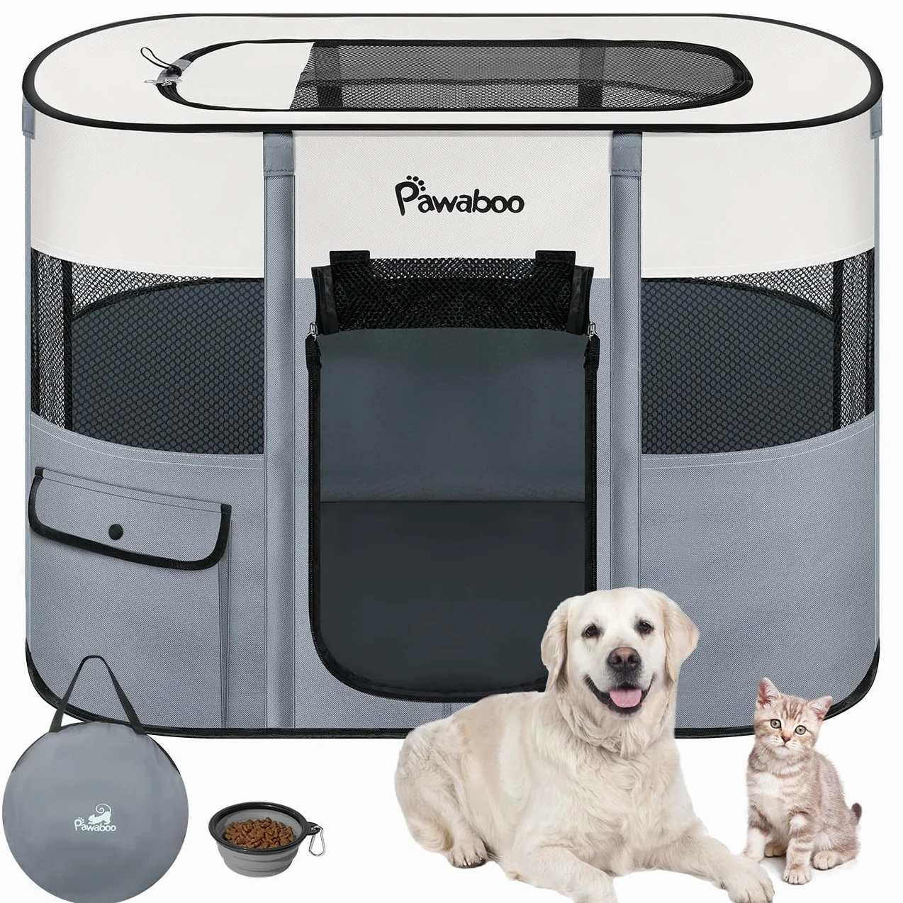 Pawaboo Gabbie per Animali Pieghevole, Recinto per Animali Domestici in Telo Oxford Impermeabile con Rete, Tenda da Gioco per Gatti Cani Cuccioli Portatile per Interno o Esterno, L, Grigio