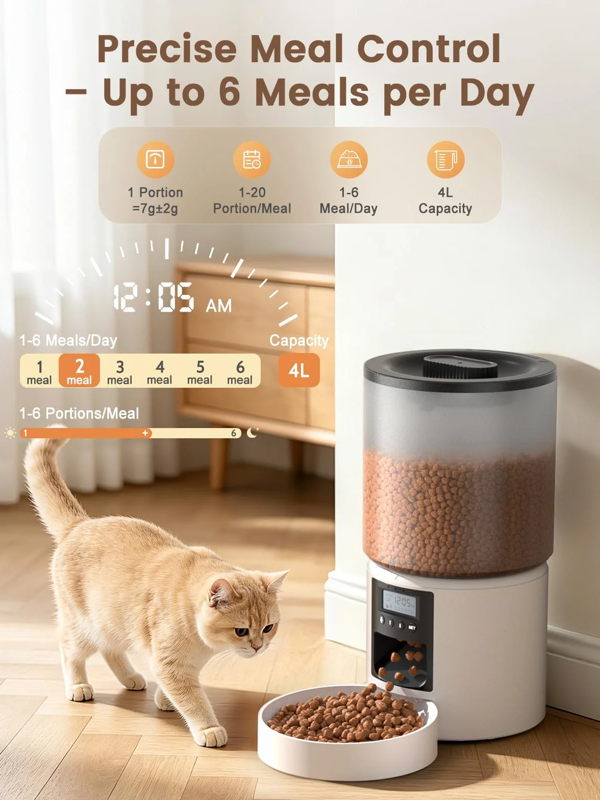 Distributore Automatico Cibo Gatti 4L Dispenser Crocchette Gatto con Timer Programmabile e Schermo LCD Distributore Cibo Gatti con Registrazione Vocale 10s fino a 1-6 Pasti Giornalieri
