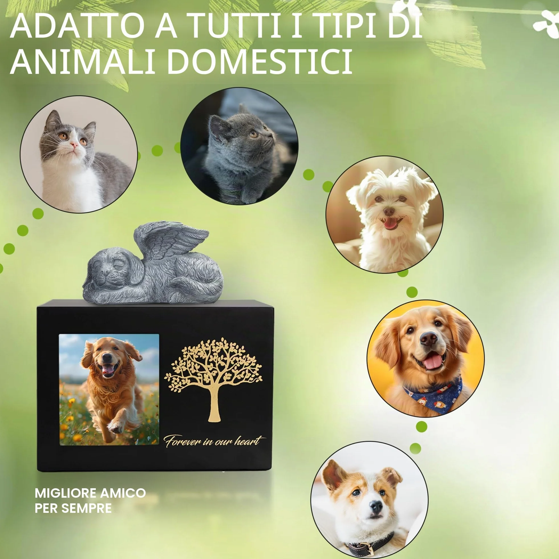 Urna per ceneri di cane in legno nero con cornice per foto e statua di cane in resina 25kg