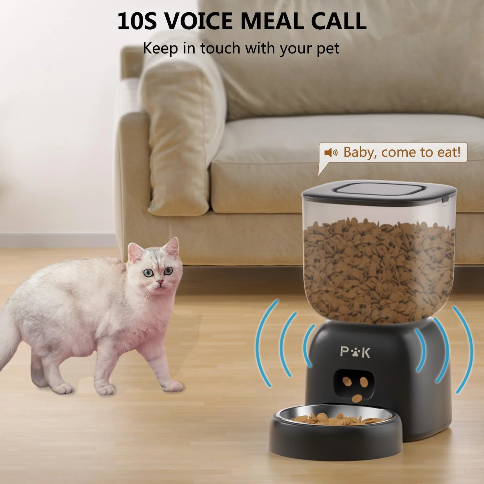 PUPPY KITTY Distributore Automatico Cibo Gatti, 2.4G WiFi Dispenser Cibo Gatti Collegare APP con 10S Registrazion, Ciotola in Acciaio Inossidabile 304, 1-10 Pasti al Giorno, 3L