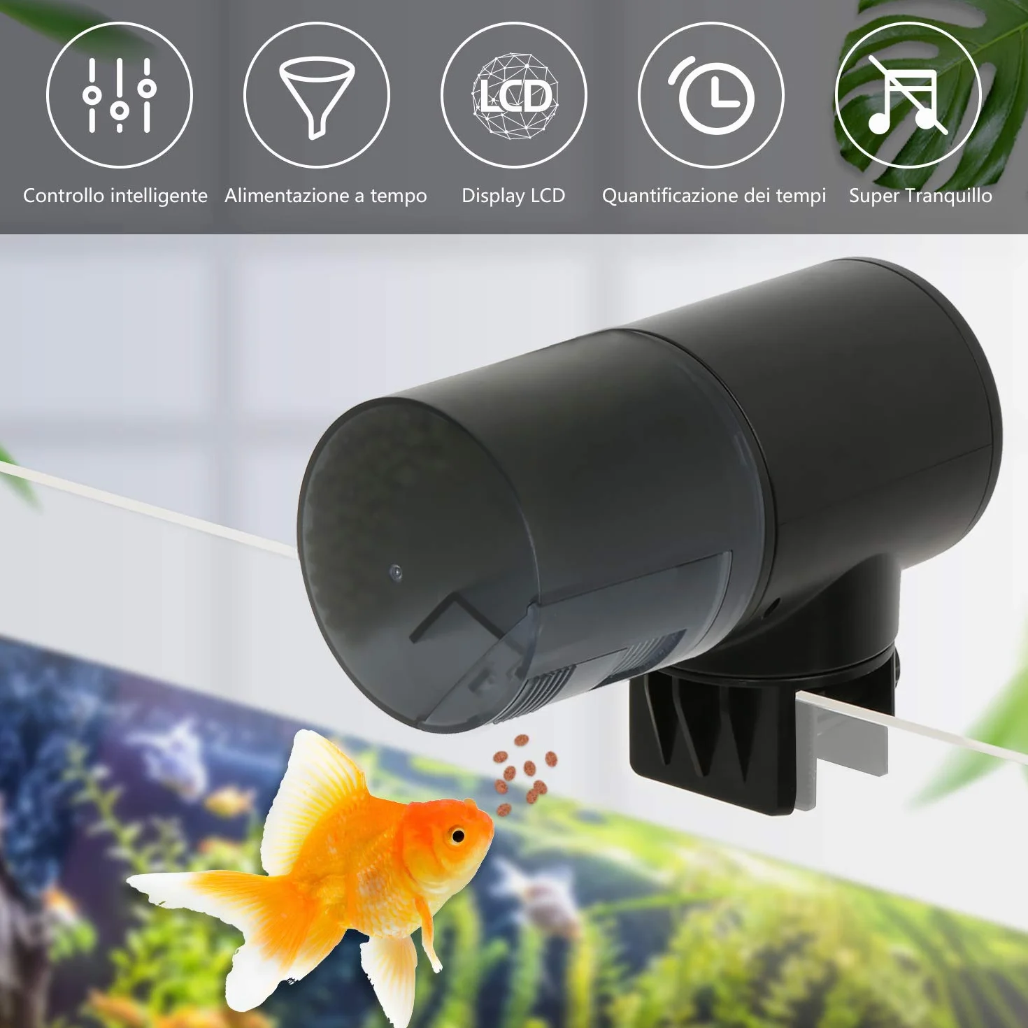 Mangiatoia Automatica per Acquario, Distributori di Cibo per Pesci Tartarughe con Display LCD, capacità di Serbatoio 200mL , Impostazione del Tempo di Mangime