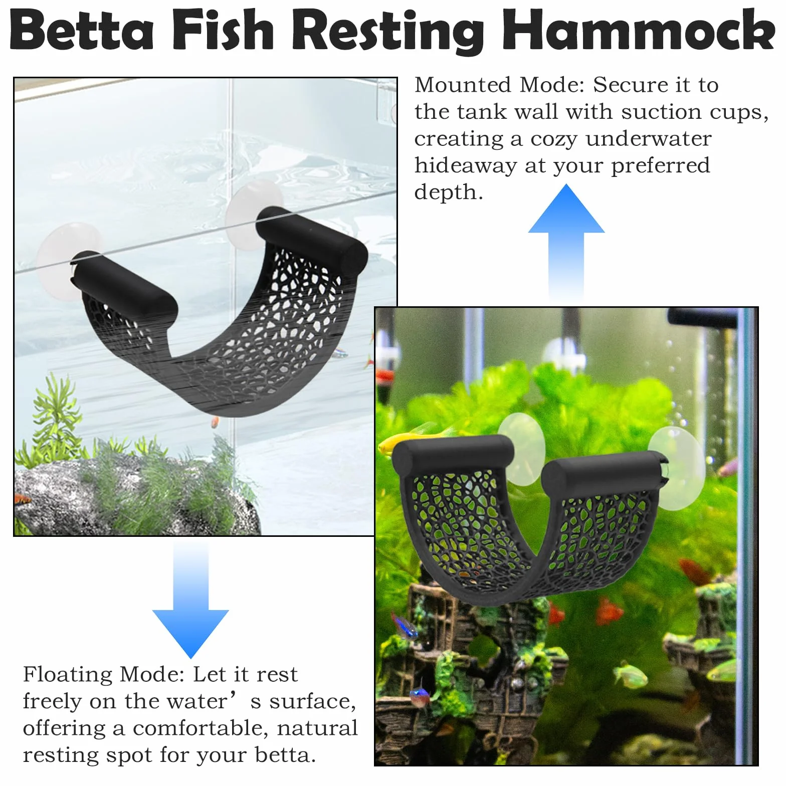 1 Pezzi Amaca per Pesci Betta, Posto di Riposo Galleggiante a Forma di U con Ventosa, Decorazione per Acquari di Piccole Dimensioni, Accessori da Tavolo per Betta e Gamberetti (Nero)