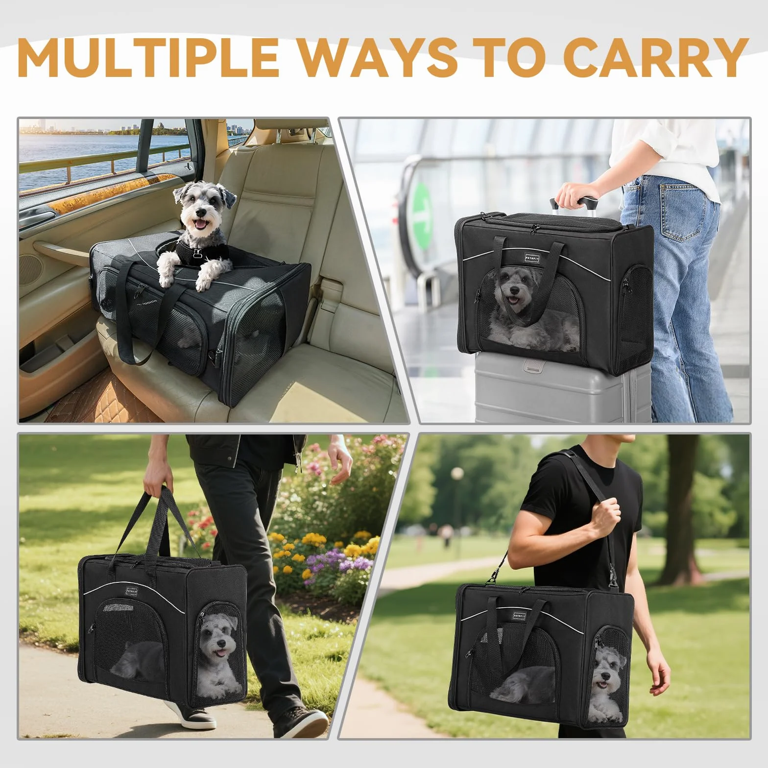 Petsfit Borsa per il trasporto di gatti e cani, aeroplano | borsa per cani e trasportino gatto | borsa aerea per animali domestici | trasporto sicuro in auto, aereo e treno, L/nero