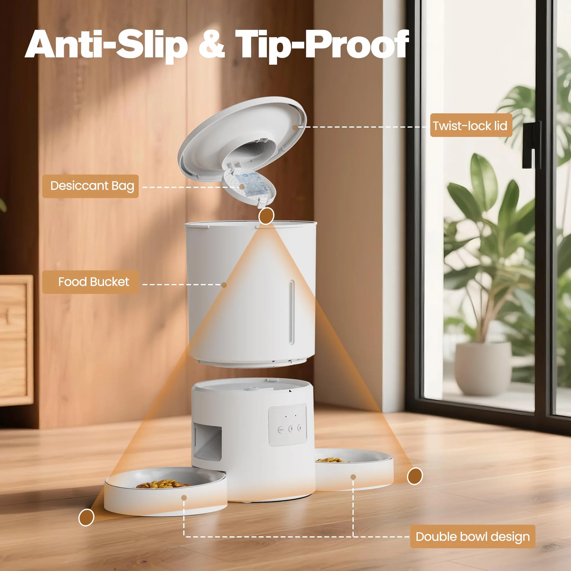 Distributore Automatico Cibo Gatti 2 Ciotole: 5L Distributore Automatico Cibo Cane con Timer WiFi 2.4G per Crocchette - Design Doppia Ciotola per Famiglie con Più Gatti & Cani - Bianco