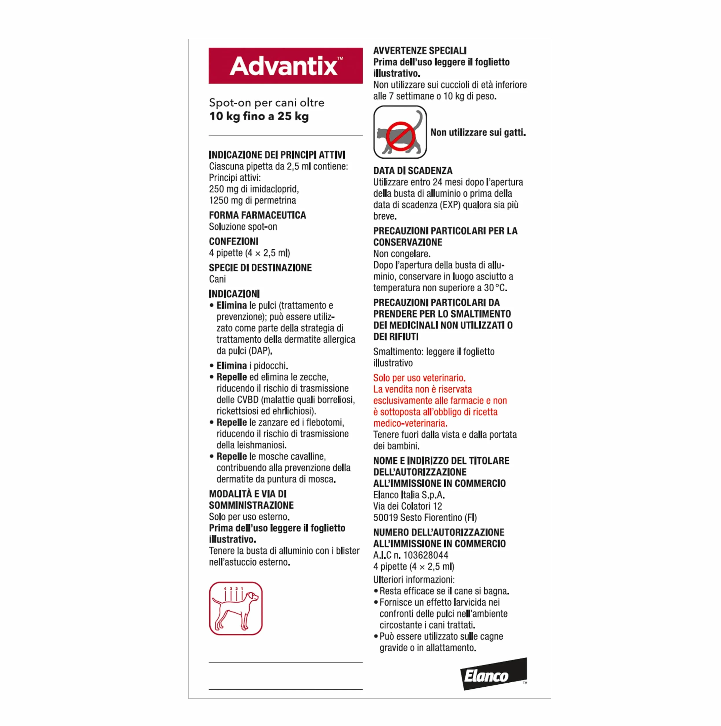 Advantix Spot-on Antiparassitario per Cani 10-25 kg, 4 Pipette 2.5 ml, Elimina Zecche Pulci e Larve
