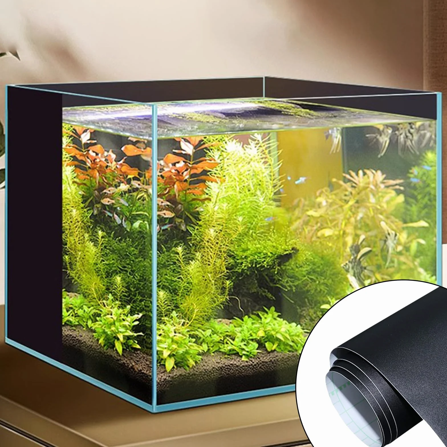 Pellicola per Acquario Autoadesiva, Pellicola per Fondo Acquario 200x40cm PVC Adesivo Statico Nero Tagliabile per Fondo Acquario Terrario
