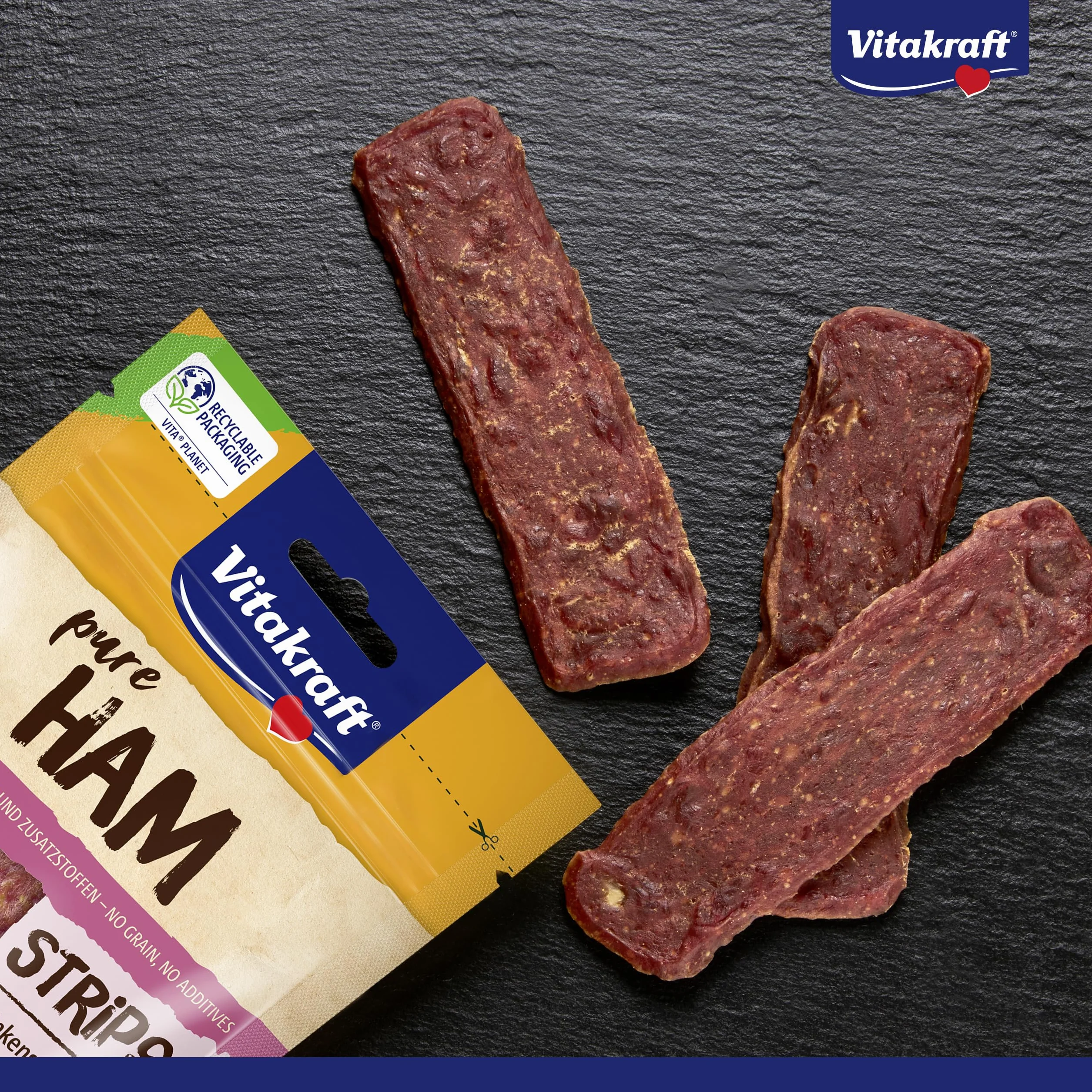 Vitakraft Pure Ham Strips, snack cane, strisce di prosciutto con carne di maiale, snack per l’addestramento del cane, senza zuccheri aggiunti (1x 80g)