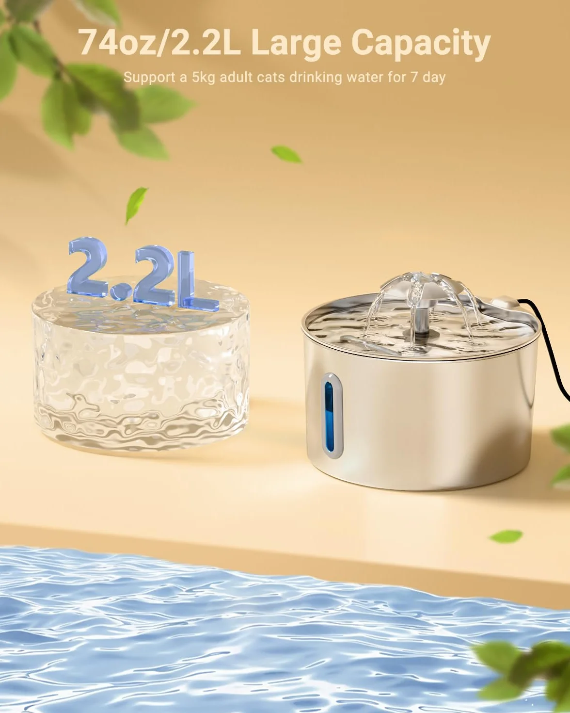 Fontanella per Gatti Acciaio Inox, 2,2L Fontana per Gatti Super Silenzioso, Sistema di Filtraggio Quadruplo, Facile da Pulire, Fontanella Gatto con LED, 3 Filtri a Carboni Attivi