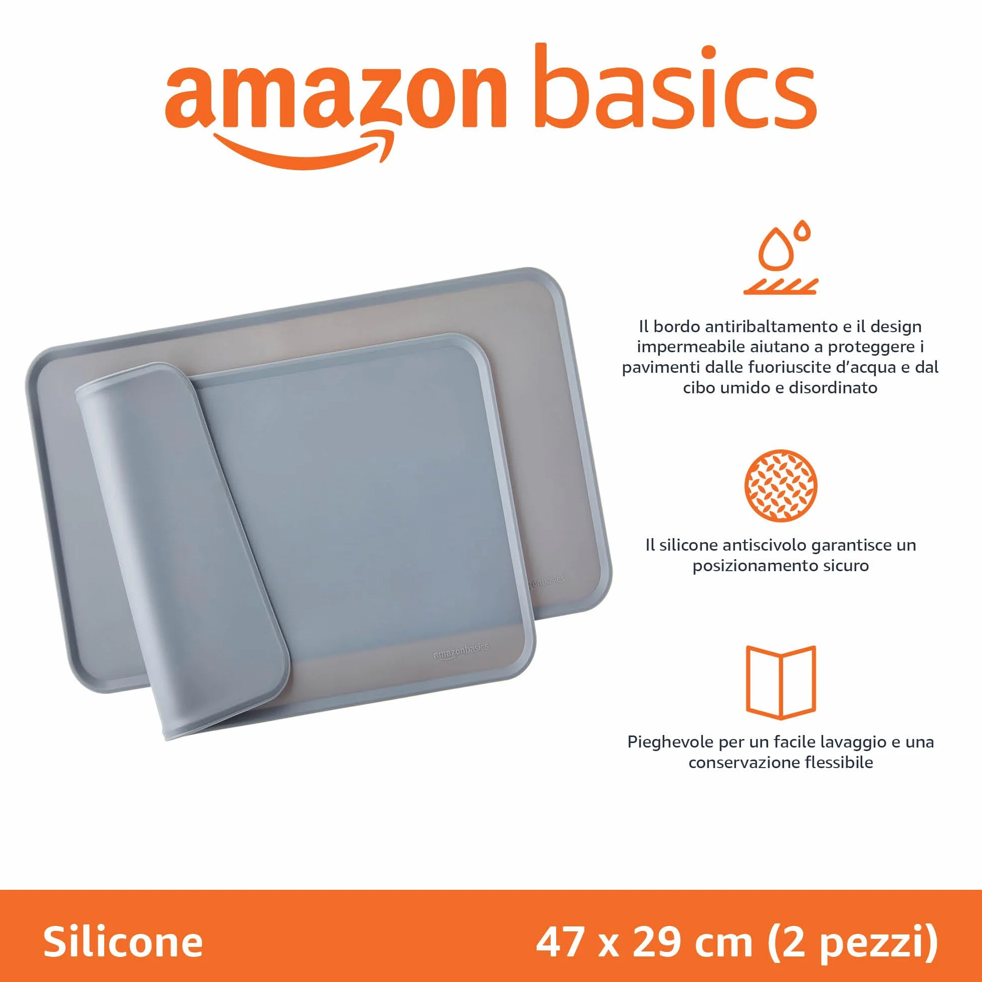 Amazon Basics tappetino sottociotola per animali domestici, impermeabile, in silicone - 47 x 29 cm, Grigio (confezione da 2), Tinta unita