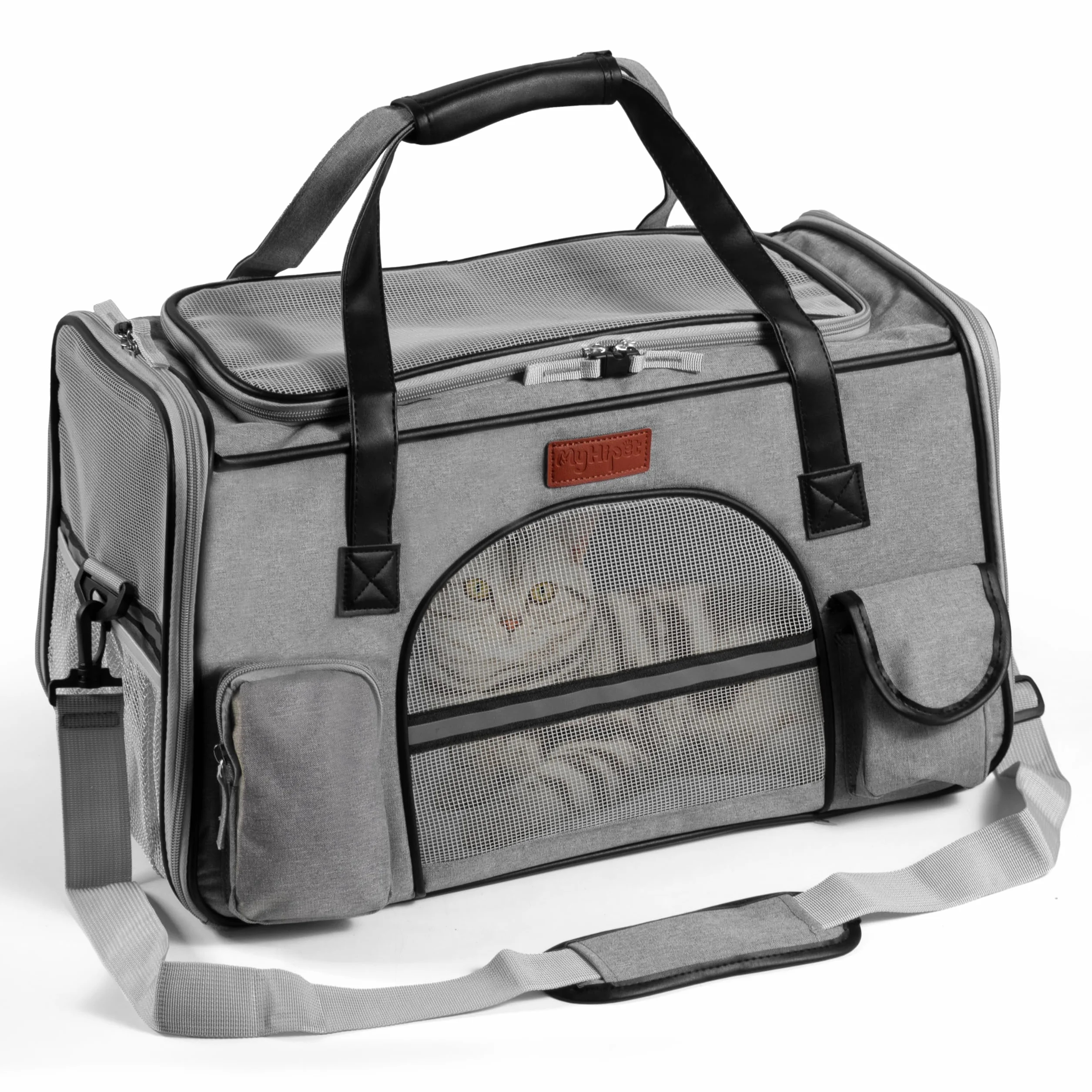Trasportino per Gatti e Cani Grande in Oxford 300D - Trasportino per cani Auto Ideale anche per Viaggi Aerei - Misura 48x28x30 cm (Grigio)