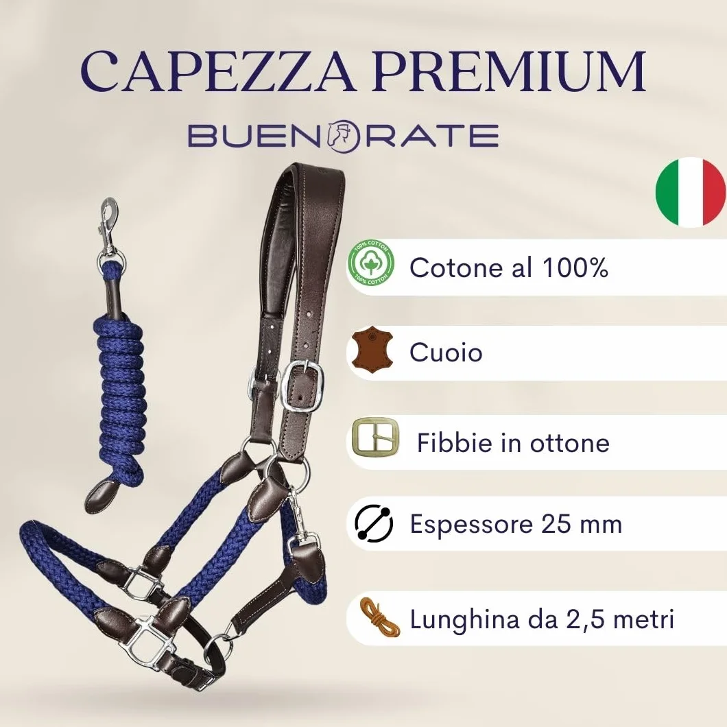 capezza cavallo con lunghina cavallo abbinato - cavezza per cavallo premium - in cuoio e cotone - sovracapo anatomico - taglia full