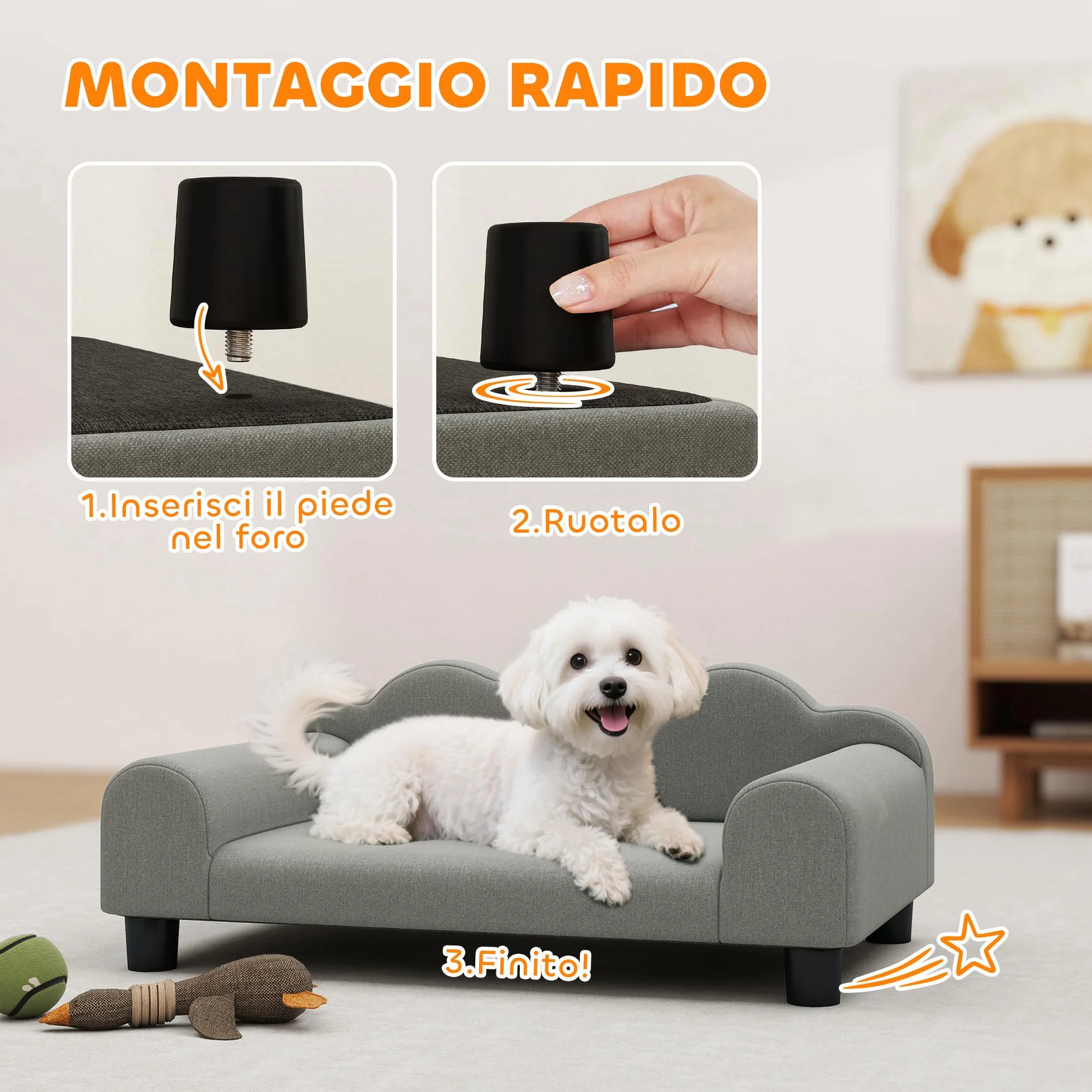 PawHut Divano per Cani Piccoli Morbido con Braccioli di Supporto, Divanetto per Cani in Legno e Tessuto French Terry, 66x42x28.5 cm, Grigio