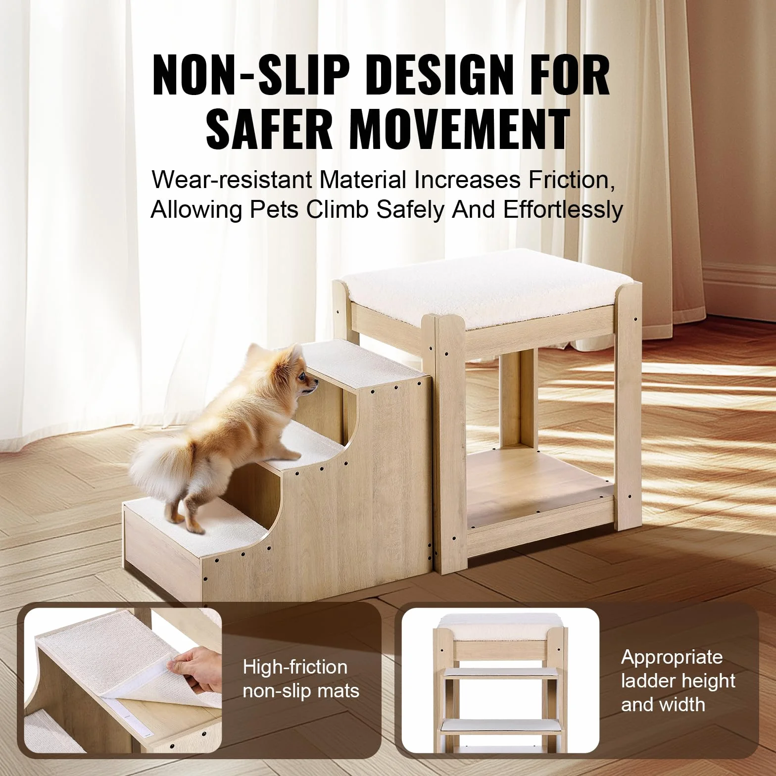 VEVOR Letto a Castello per Animali Domestici con Scale, Trespolo per Finestra per Cani/Gatti, Piattaforma Rialzata con Cuscino in Schiuma, Beige