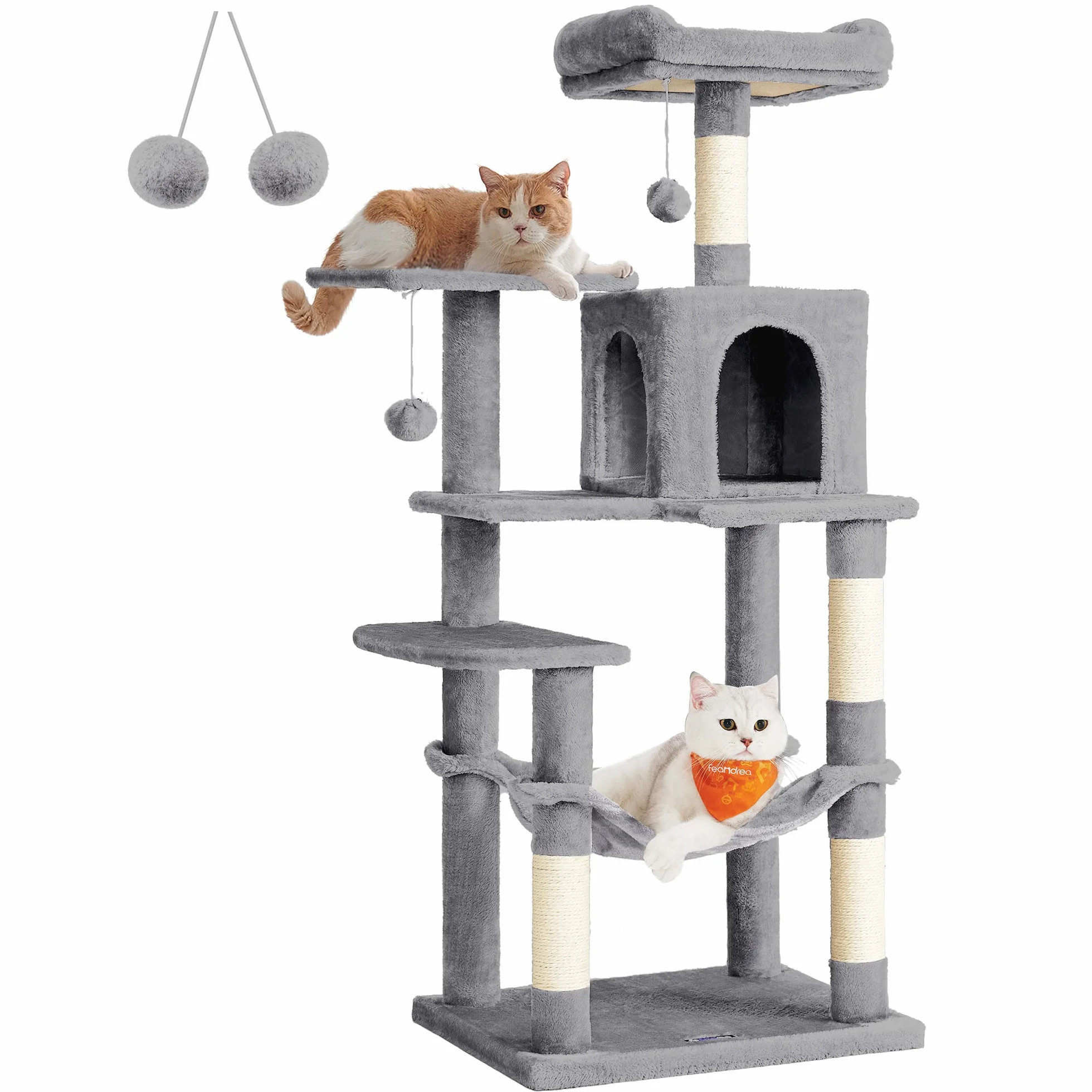 Feandrea Albero per Gatti Alto 143 cm, Tiragraffi per Gatti, con 4 Pali Graffiatoi, 2 Posatoi, 1 Grotta, 1 Amaca, 2 Pompon, in Peluche a Più Livelli, Grigio Chiaro PCT161W01
