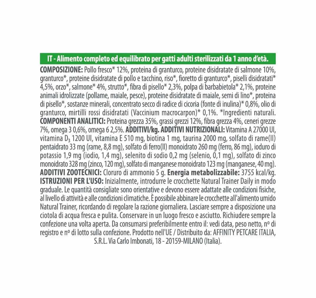 Trainer Natural Sterilised Adult con Salmone e Fibra di Pisello 3 kg