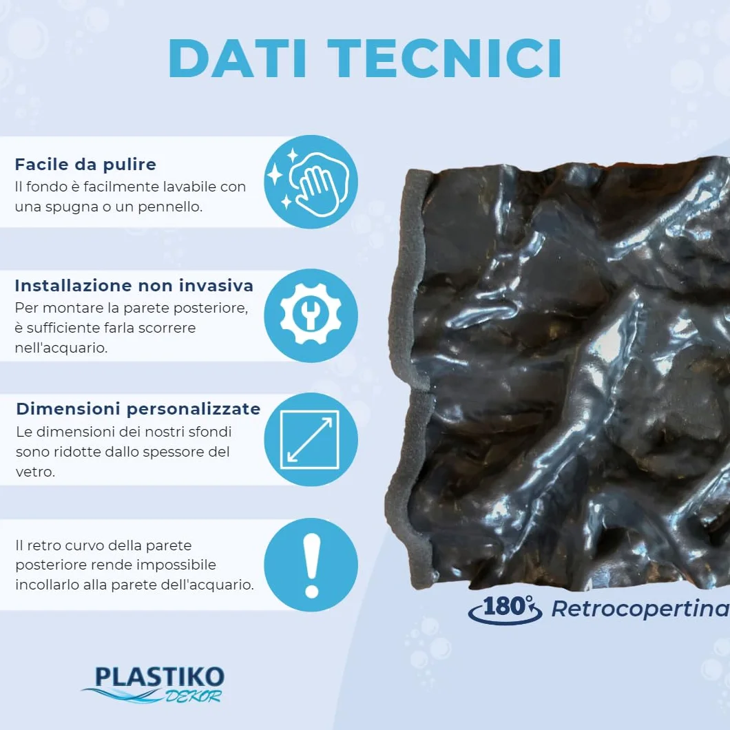 PLASTIKO - Acquario Sfondo 3D I 100x50 cm I Facile da Montare e Pulire I Non Richiede Colla I Sicuro per Gli Animali I Grigio con Un Modello di Pietre Alte
