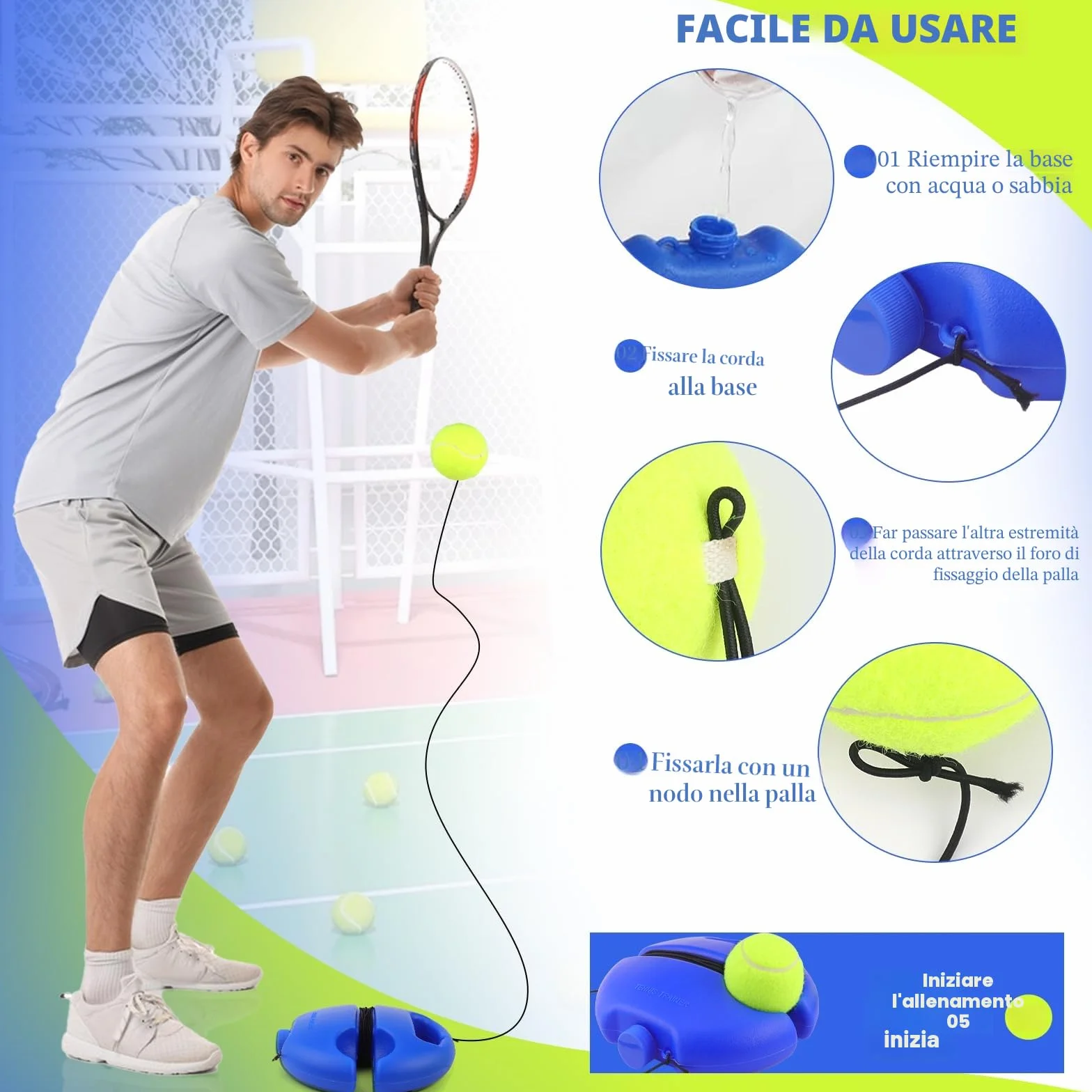 ELNLE Tennis Trainer Elastico, Gioco Tennis con Pallina Legata con Corda, Allenatore Tennis da Solo con 2 Sfere di Ricambio