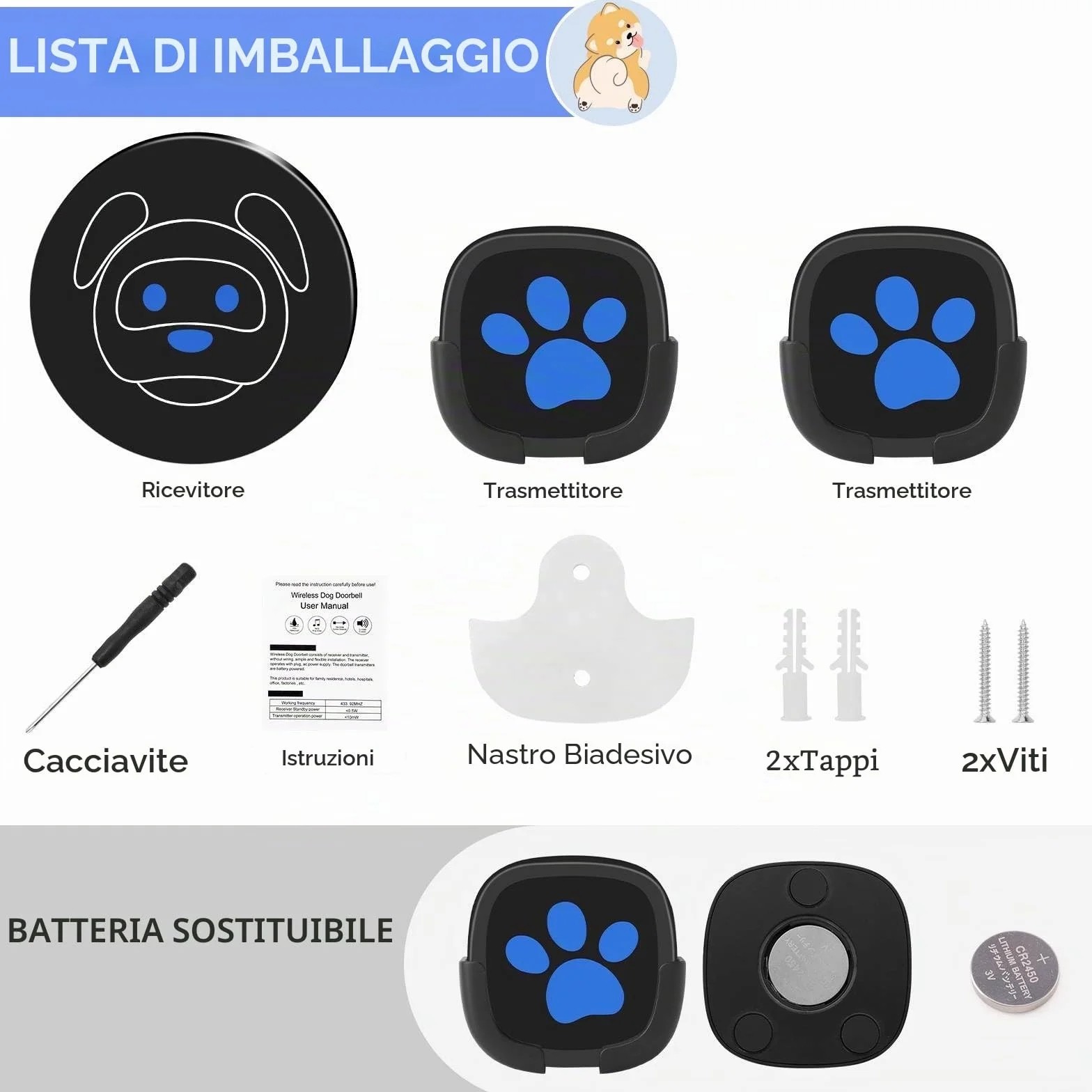 Campanello per Cani Whimsii, Campanello Wireless per Uscire, Pulsanti Impermeabili IP55, 55 Melodie, 4 Livelli di Volume e Portata di 950 Piedi (Nero, 1 Ricevitore, 2 trasmettitori)
