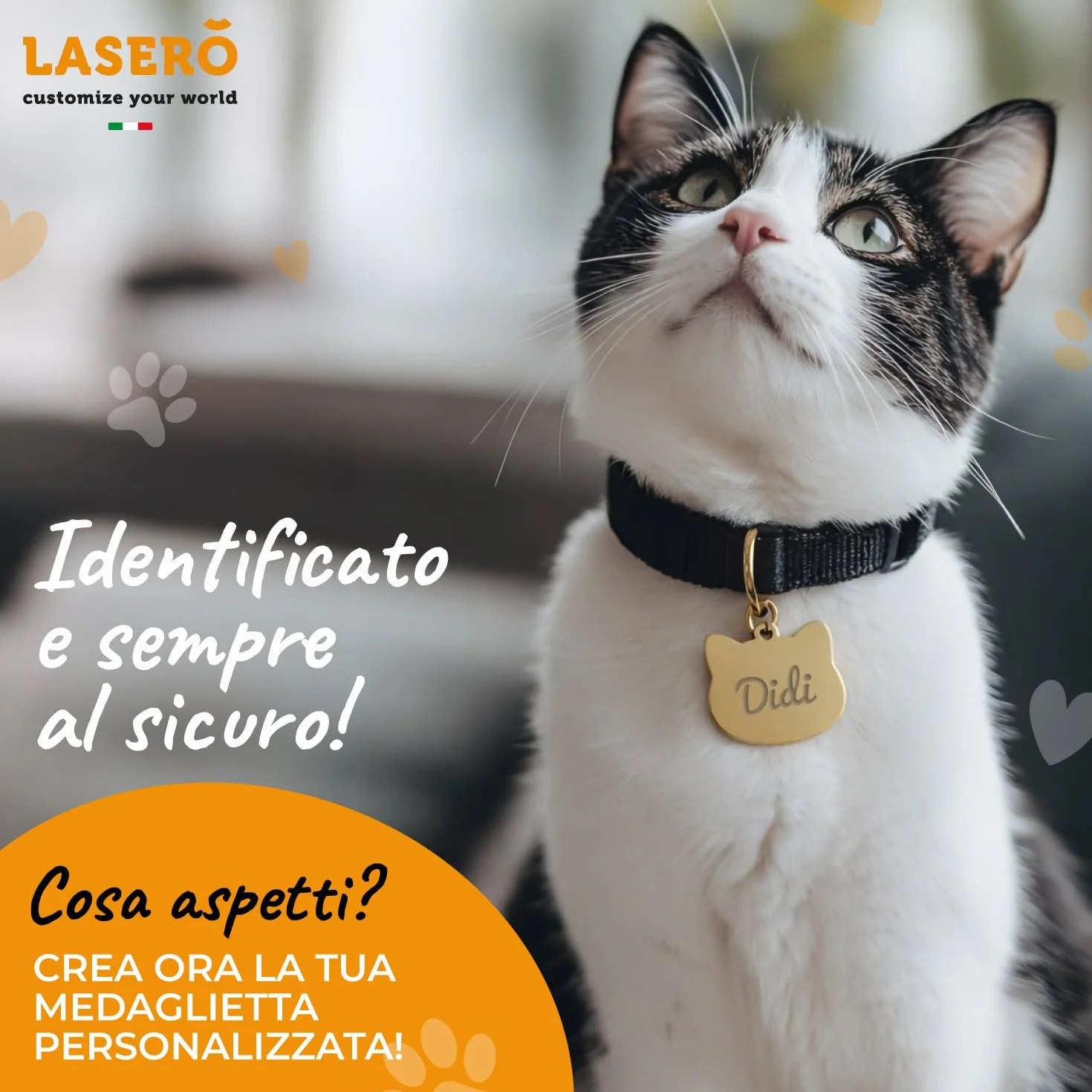 LASERO’ Medaglietta Gatto Personalizzata in Acciaio Lucido 2,5x2,5cm – Targhetta Gatto con Incisione Laser di Nome e Dati – 4 Colori (Rosa/Argento/Nero/Oro) – Targhetta Identificativa per Collare
