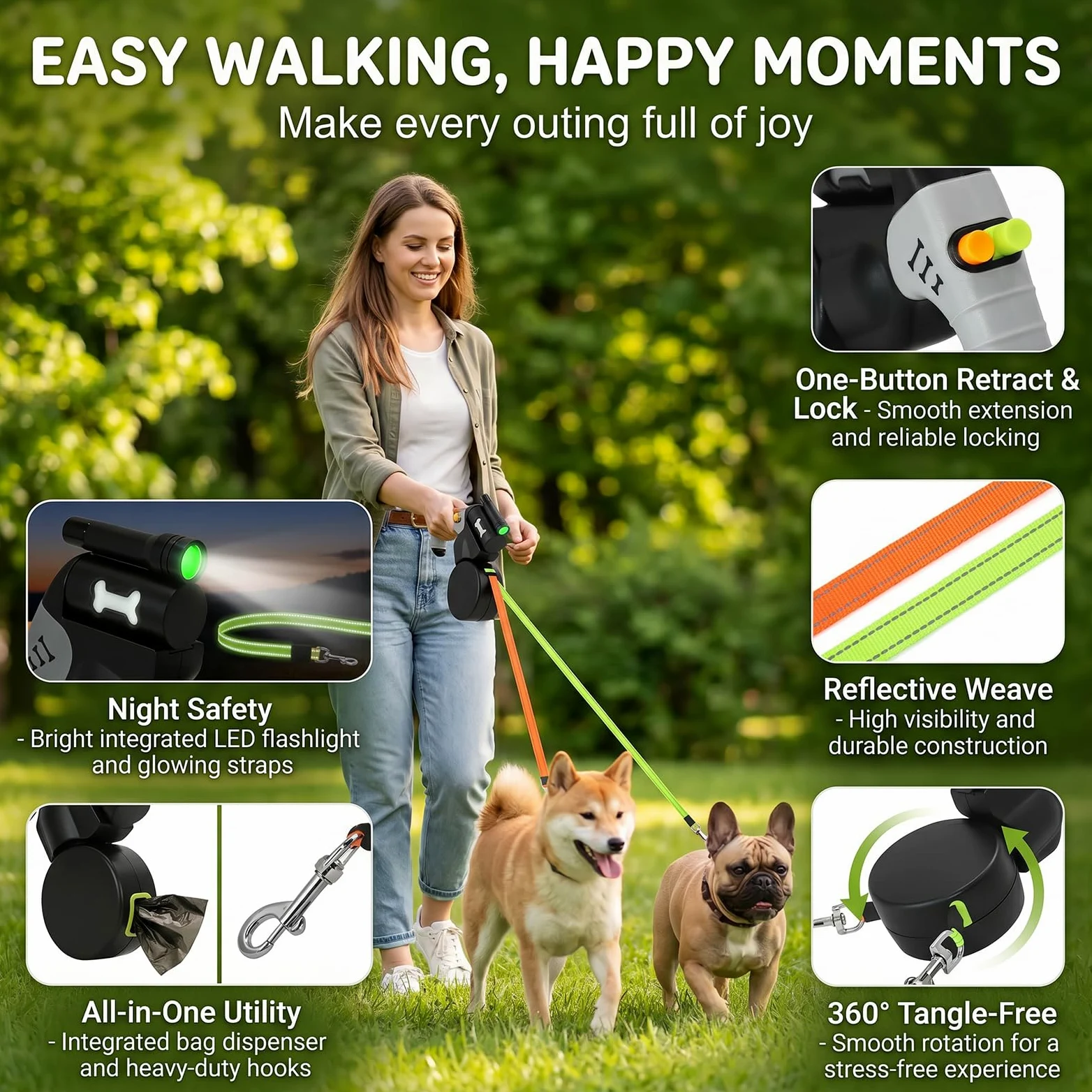 Guinzaglio retrattile per cani, doppio guinzaglio retrattile, guinzaglio automatico retrattile, doppio guinzaglio per cani di taglia media e piccola