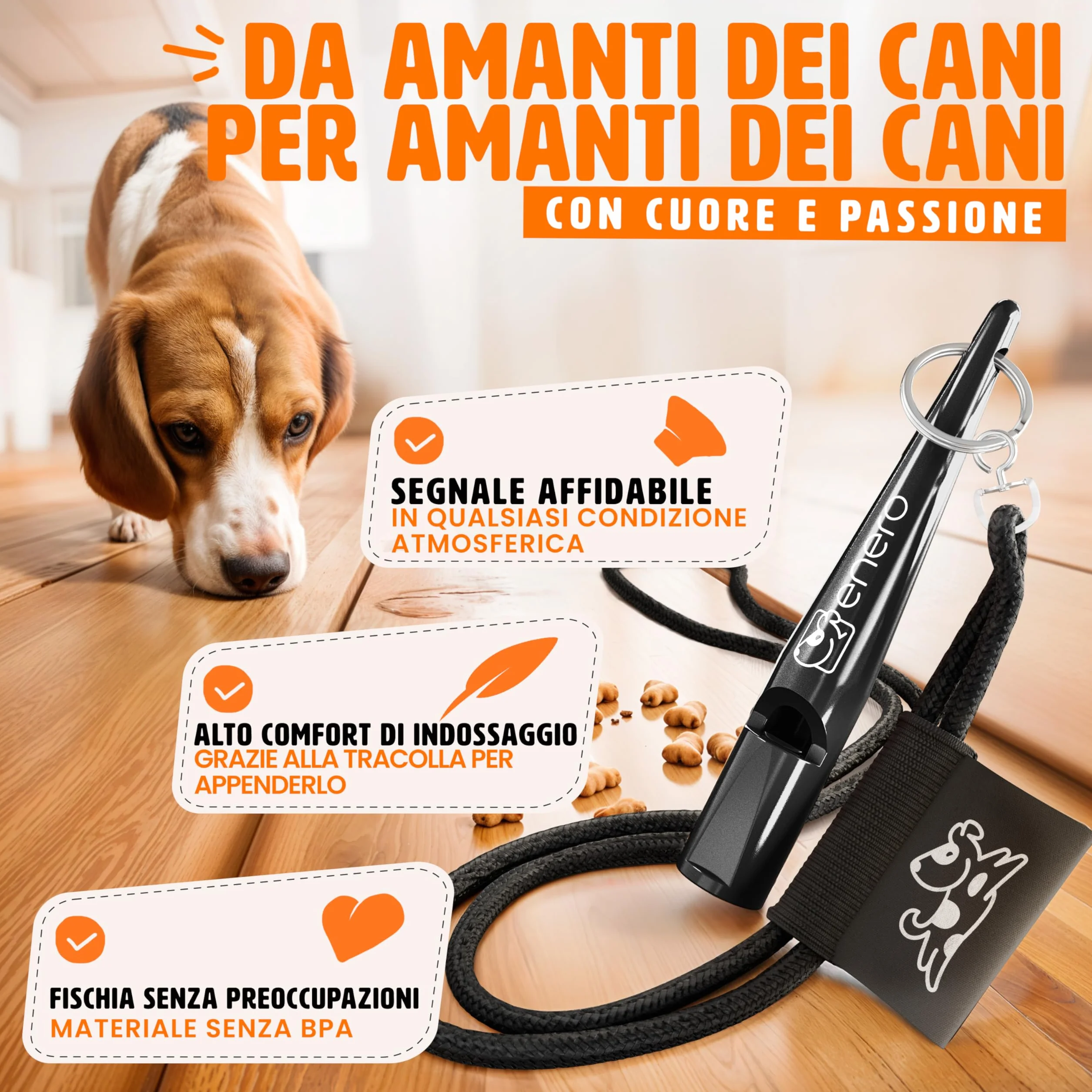 ENERO® Fischietto per cani con pratica fascetta - cani accessori - con frequenza standardizzata - Ideale per l'addestramento dei cani - udibile e di ampia portata - fischio per cani nero