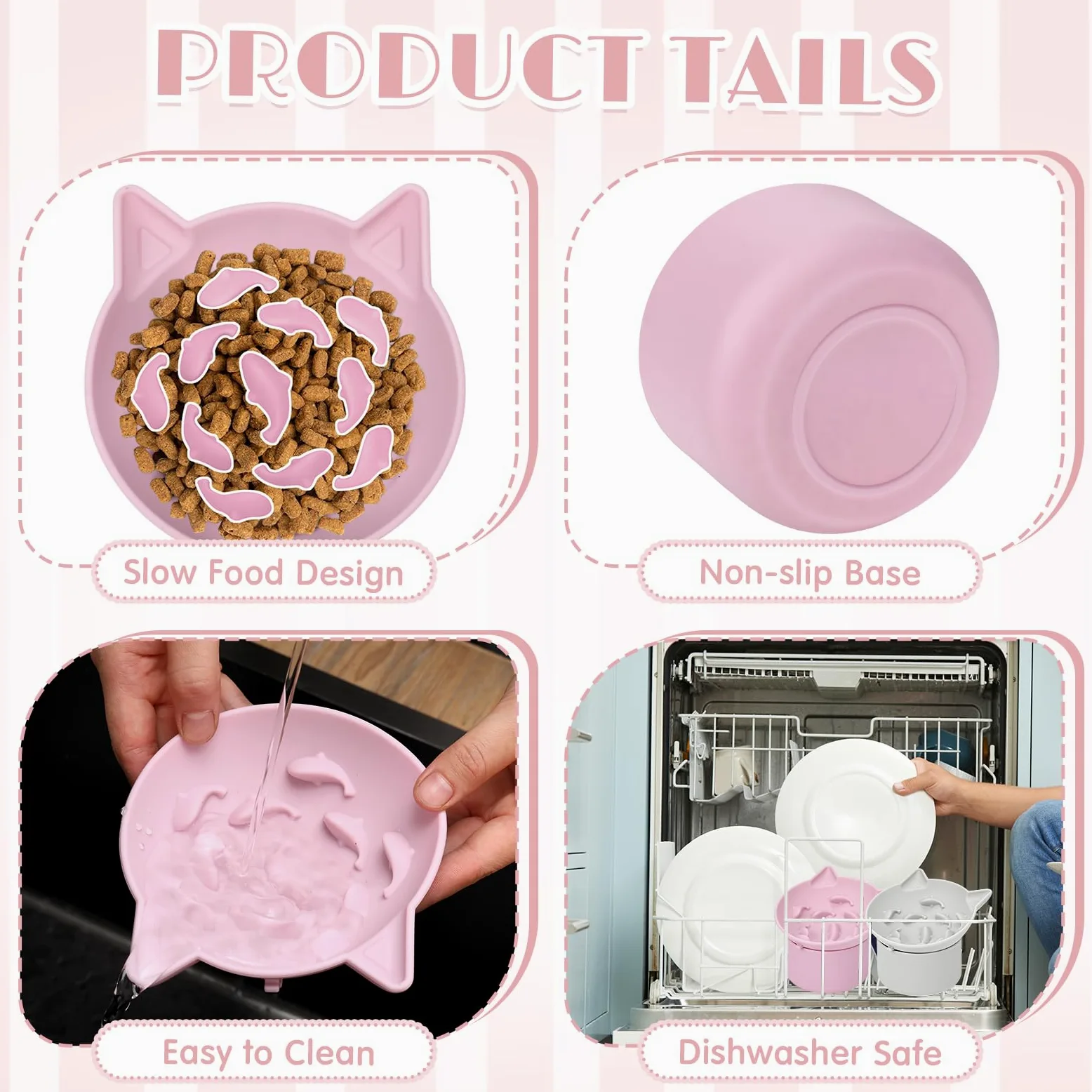 Funnymoom Confezione da 2 ciotole per gatti in silicone, per cibo secco e umido, design inclinato con base antiscivolo, angolo regolabile per animali domestici (grigio e rosa)