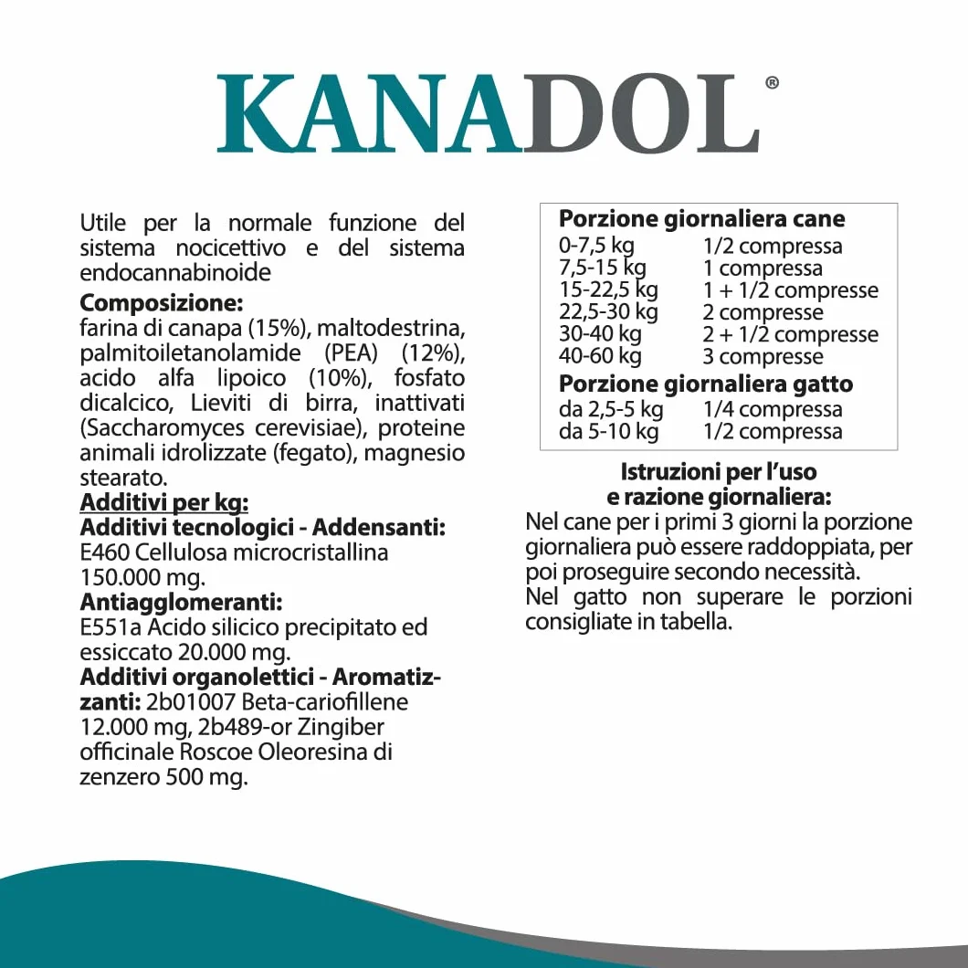 Aurora Biofarma Kanadol 50 Compresse - Mangime complementare per sistema nocicettivo ed endocannabinoide per Cani e Gatti
