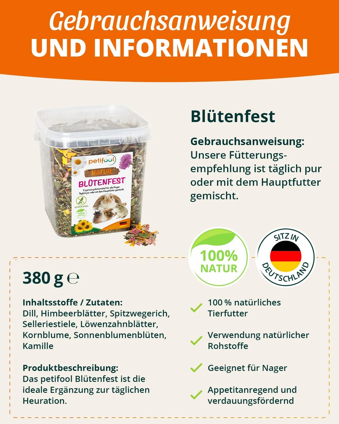 petifool Fiore resistente, 380 g, mangime complementare per roditori, mangime naturale per conigli, porcellini d'India, criceti, cincillà e molto altro ancora, senza additivi artificiali, 100%