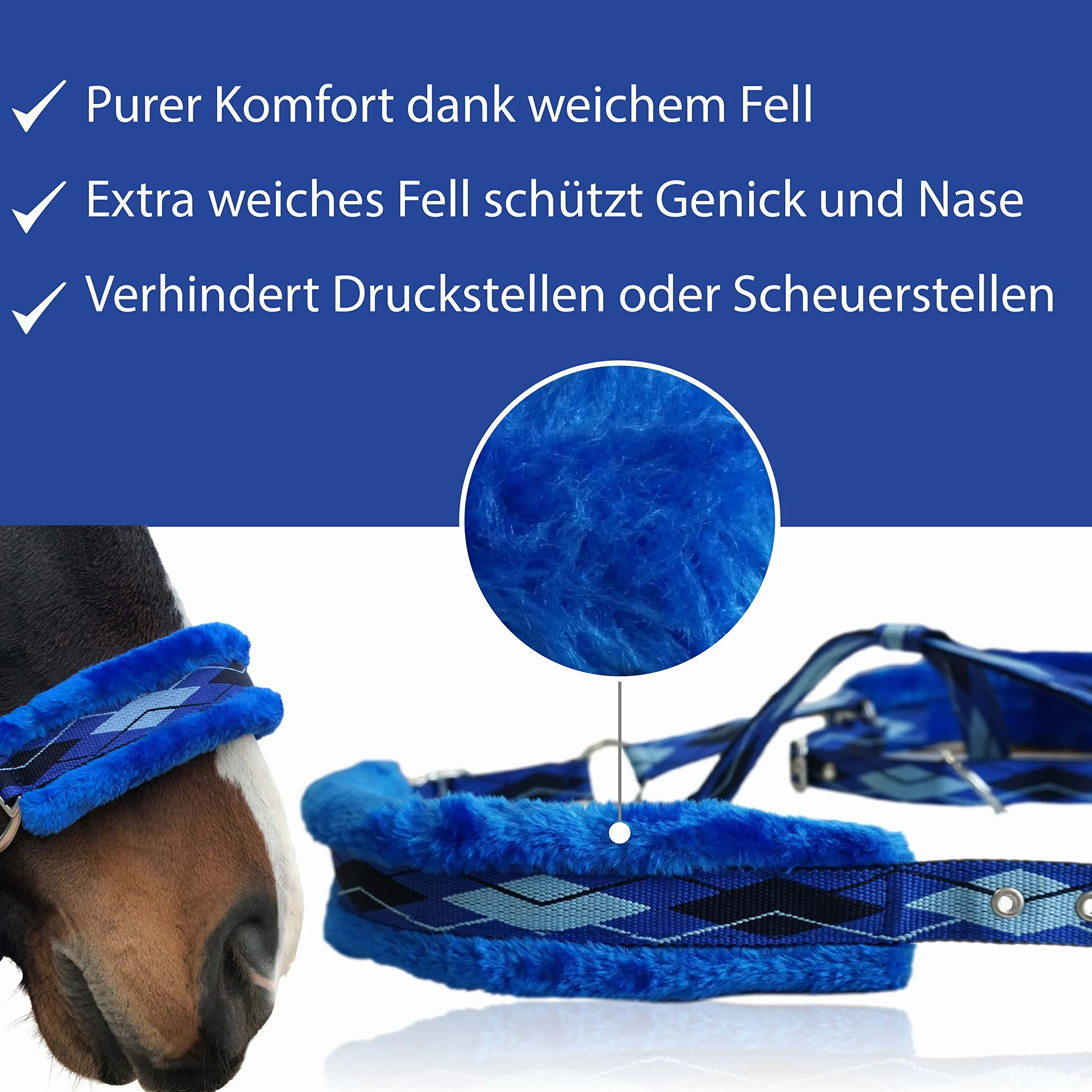 Pferdelinis Cavezza per cavalli in pelliccia cavezza foderata blu nelle taglie xfull cavezza pony, Cob, sangue caldo (blu, sangue caldo (Full))