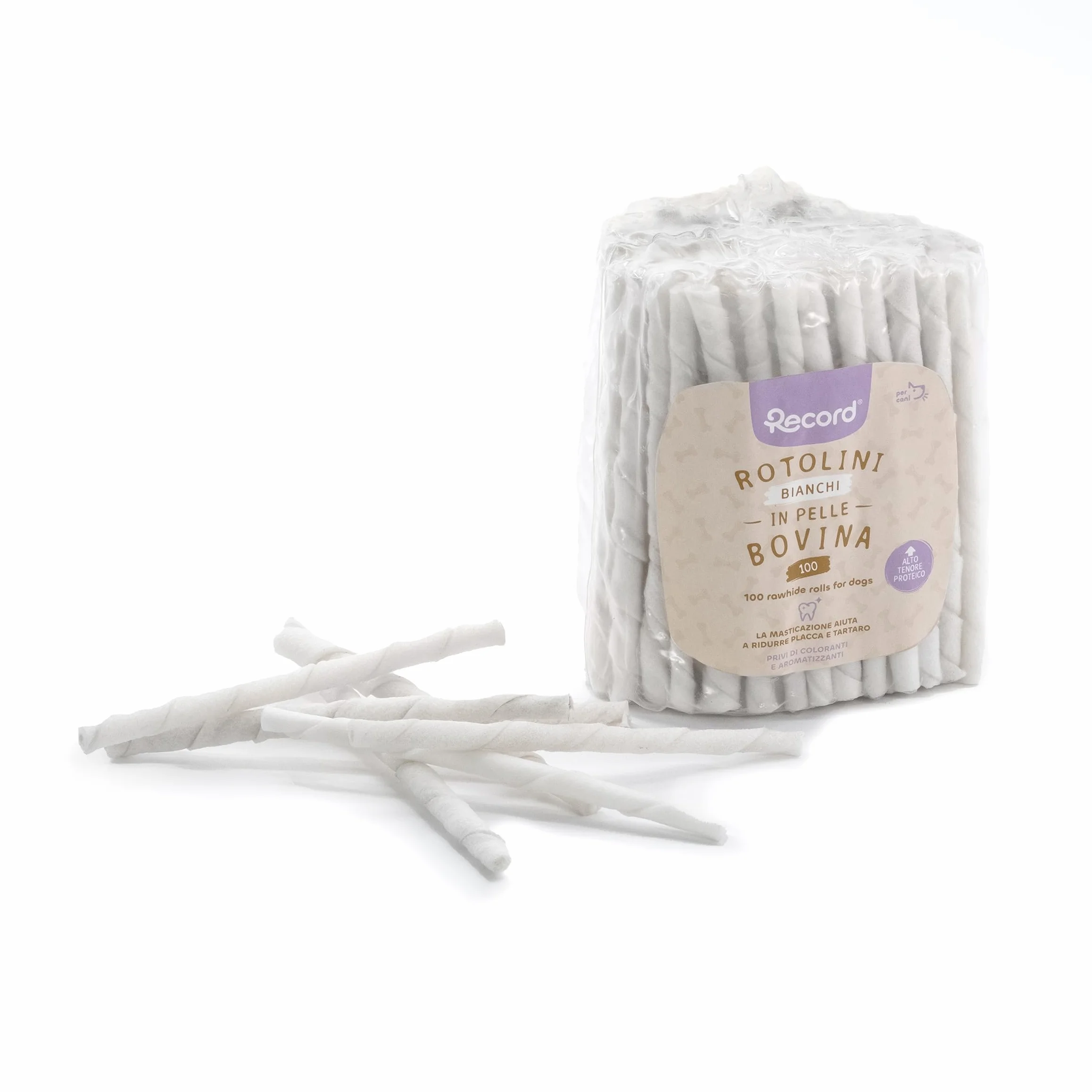 Record - Snack per Cani Stick Termoretratti in Pelle Bovina. Masticativi per Cani Proteici e Naturali, ideali per la Salute Gengivale. Realizzati con Essicazione Naturale | 100 stick Bianchi, 550 gr