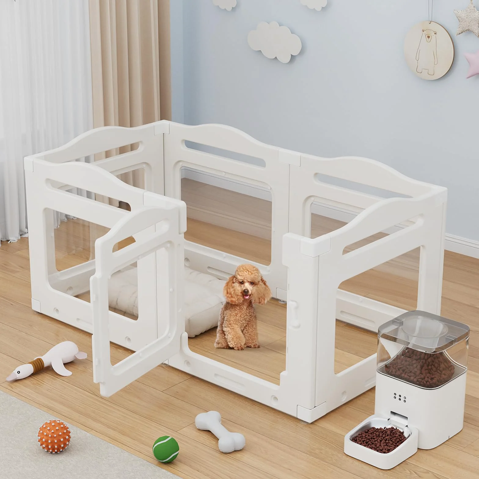 Clevich Recinto per Cani da Interno in Acrilico 129 × 68 × 60 cm, 5 PCS +1 Pannelli con Porta a Chiusura, Recinto per Cani Pieghevole con Ventose, Parco adatto per Appartamento, Bianco