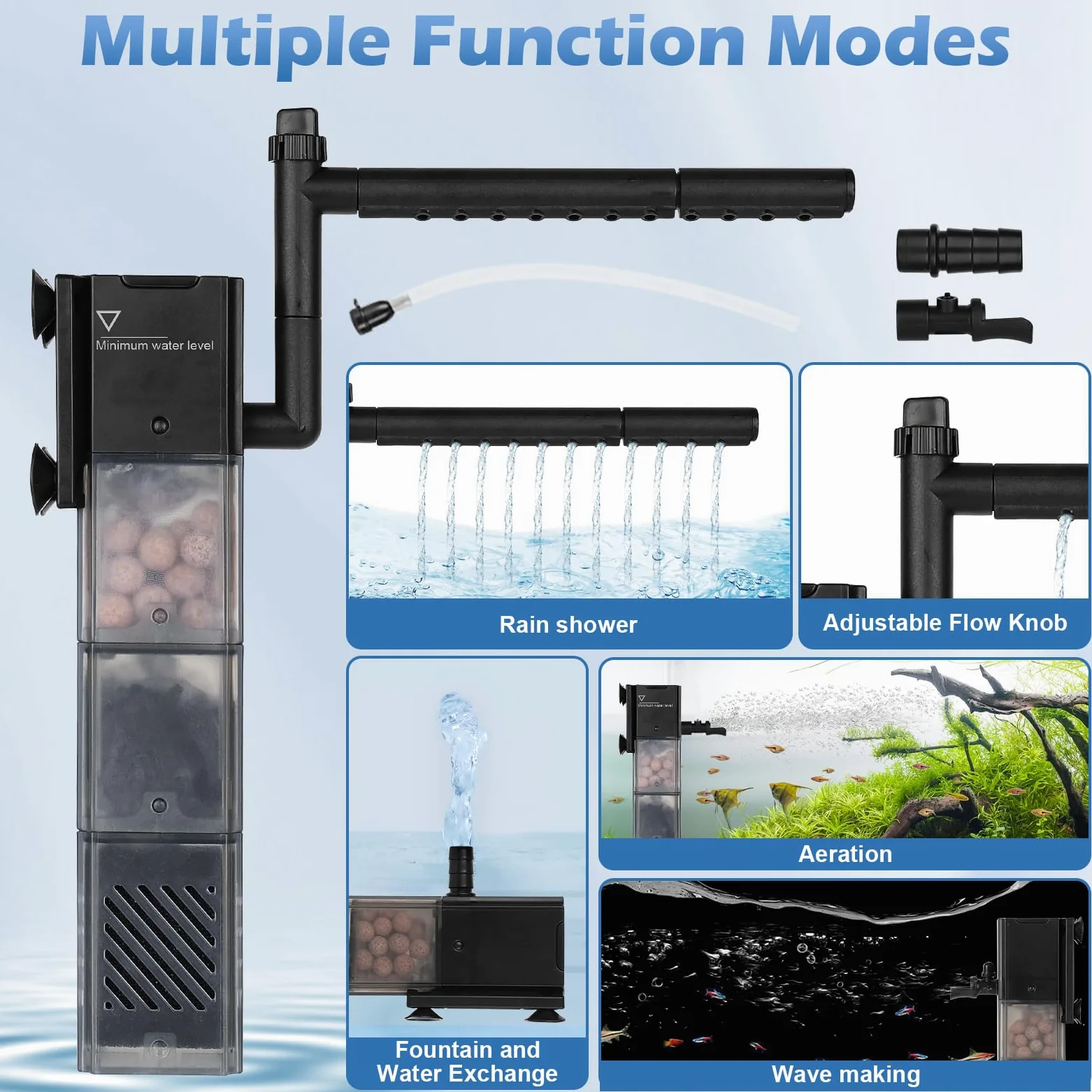 hygger Filtro 5 in 1 per acquario silenzioso, filtro interno per acquario a 3 stadi con aerazione e filtro sommergibile a flusso regolabile Rainfal per serbatoio da 13-35 galloni (9 W)